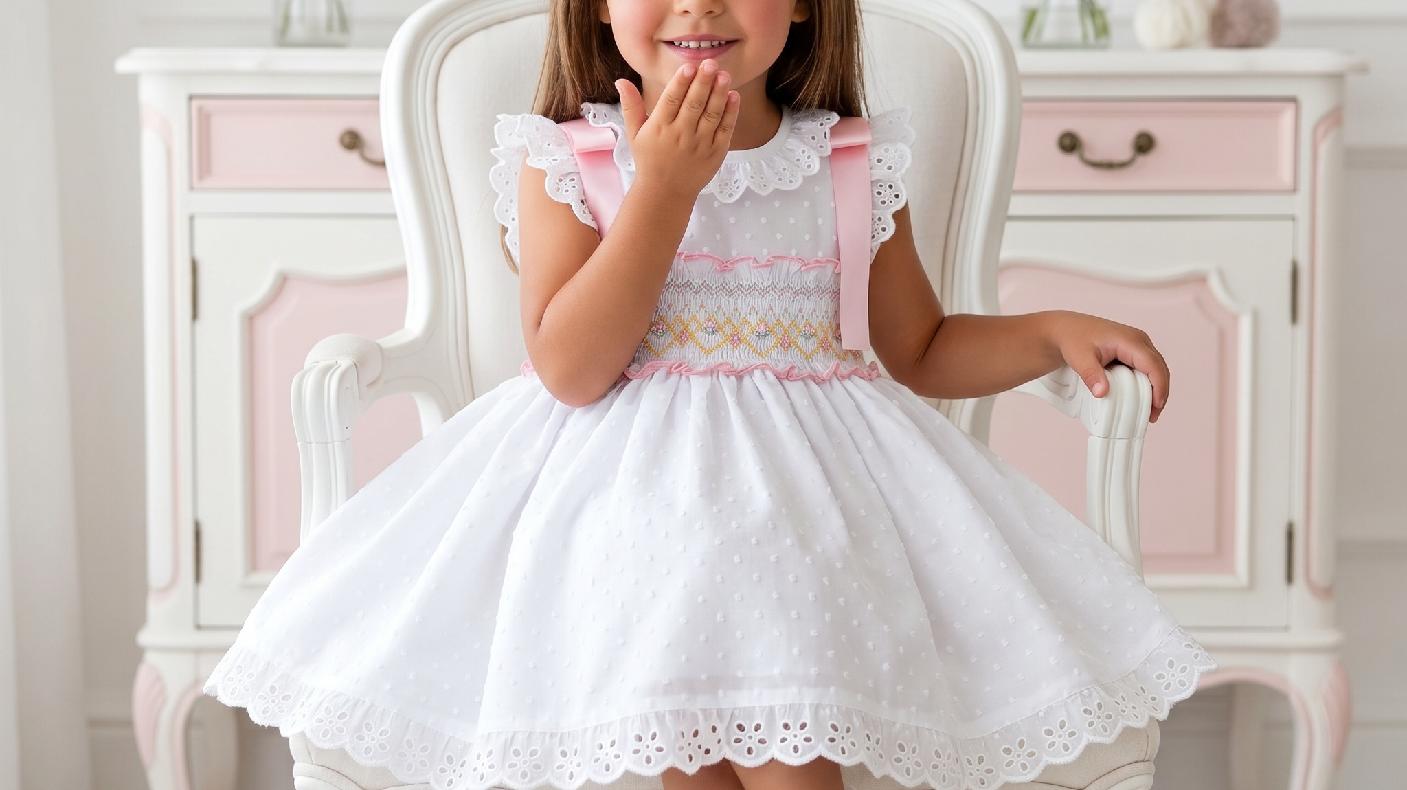 Young girl wearing a white smocked dress with pink details and bow hairpiece, seated on a white chair — SS26 Spanish children's wear from Mariposa Children's Boutique