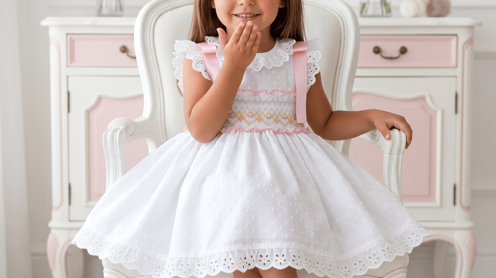 Young girl wearing a white smocked dress with pink details and bow hairpiece, seated on a white chair — SS26 Spanish children's wear from Mariposa Children's Boutique