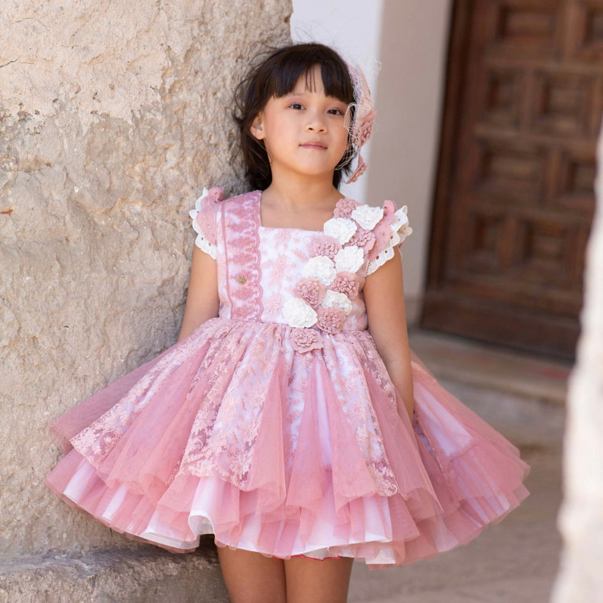 Meriche Girls Cream and Dusky Pink Dress
