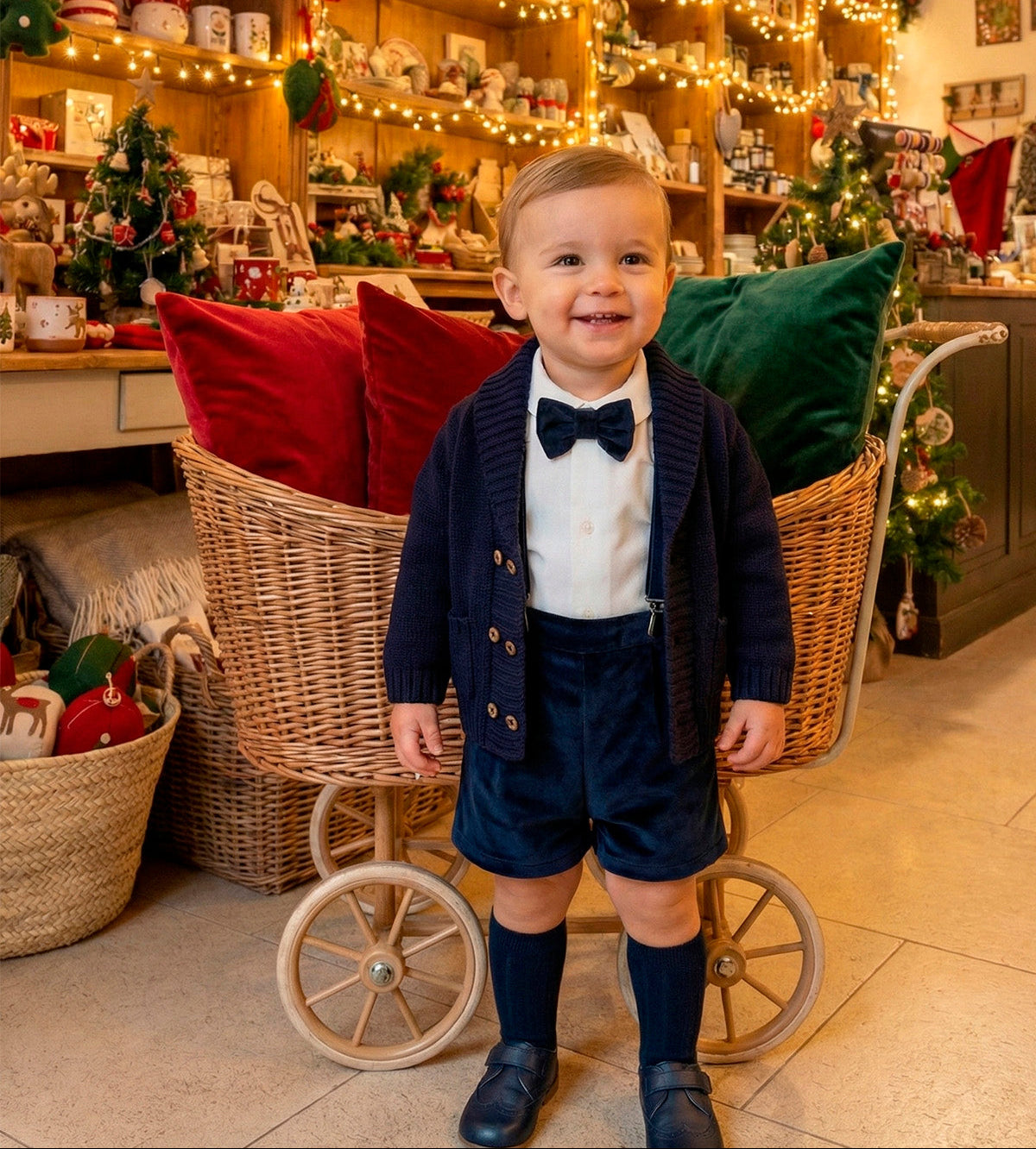 Mac Ilusion AW26 Boys Navy Shorts with matching shirt, cardigan and bow tie. New season arrivals at Mariposa Children's Boutique
