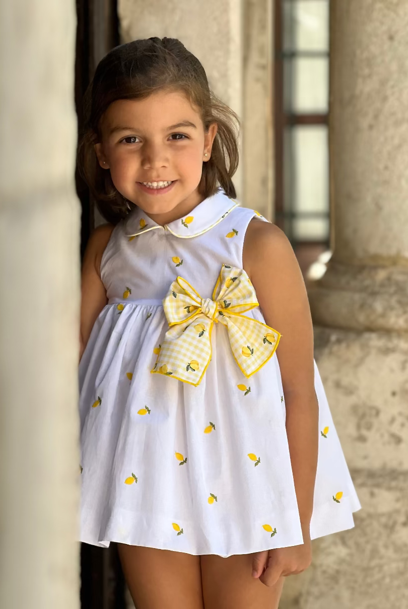 La Peppa baby girls white & lemon print dress gingham bow SS26