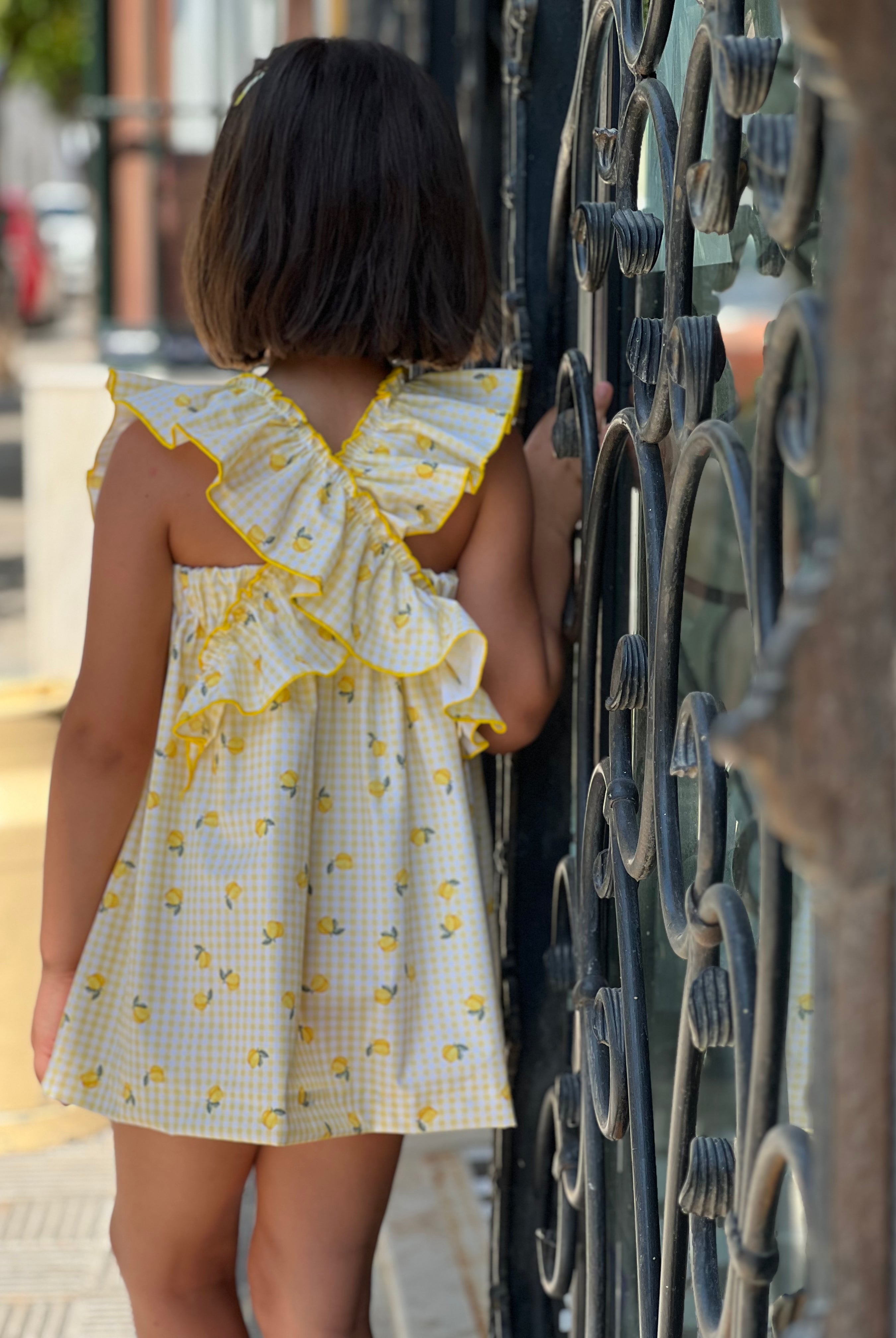 Girls Spanish lemons print summer dress ruffle back La Peppa SS26
