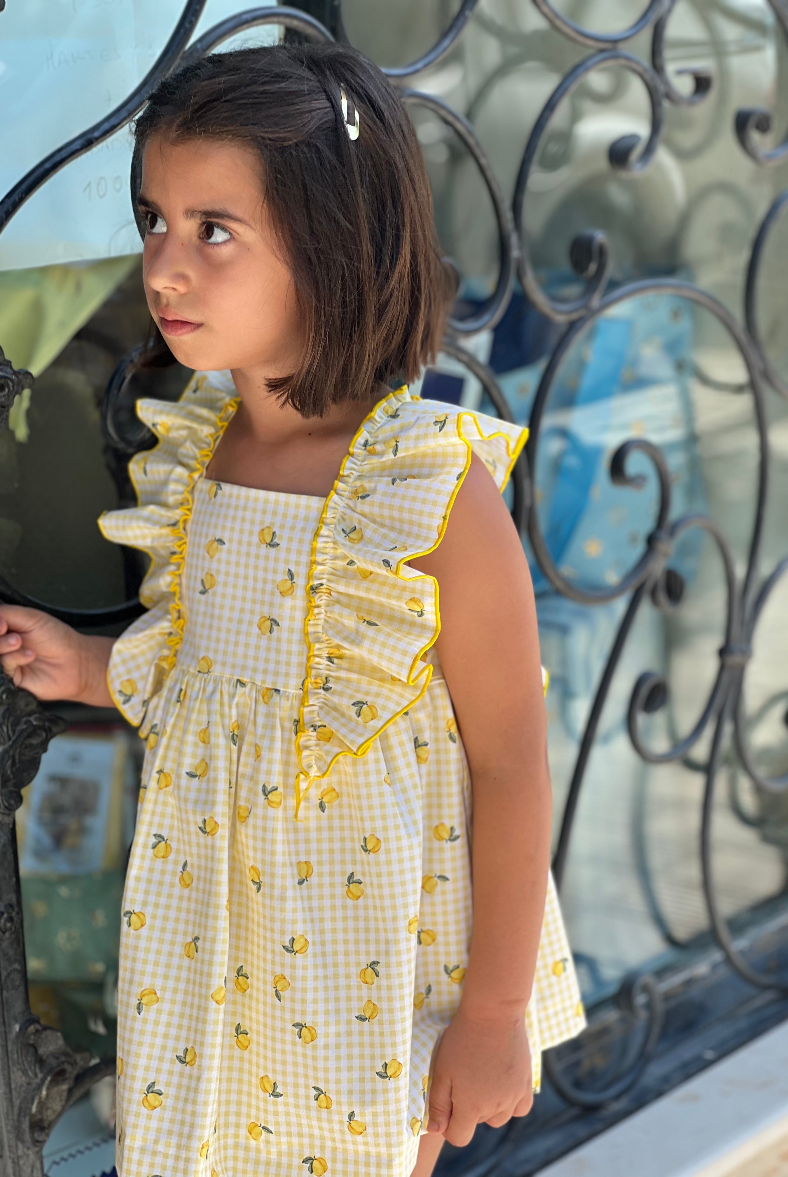 SS26 Girls La Peppa girls lemon print dress yellow gingham Spanish dress