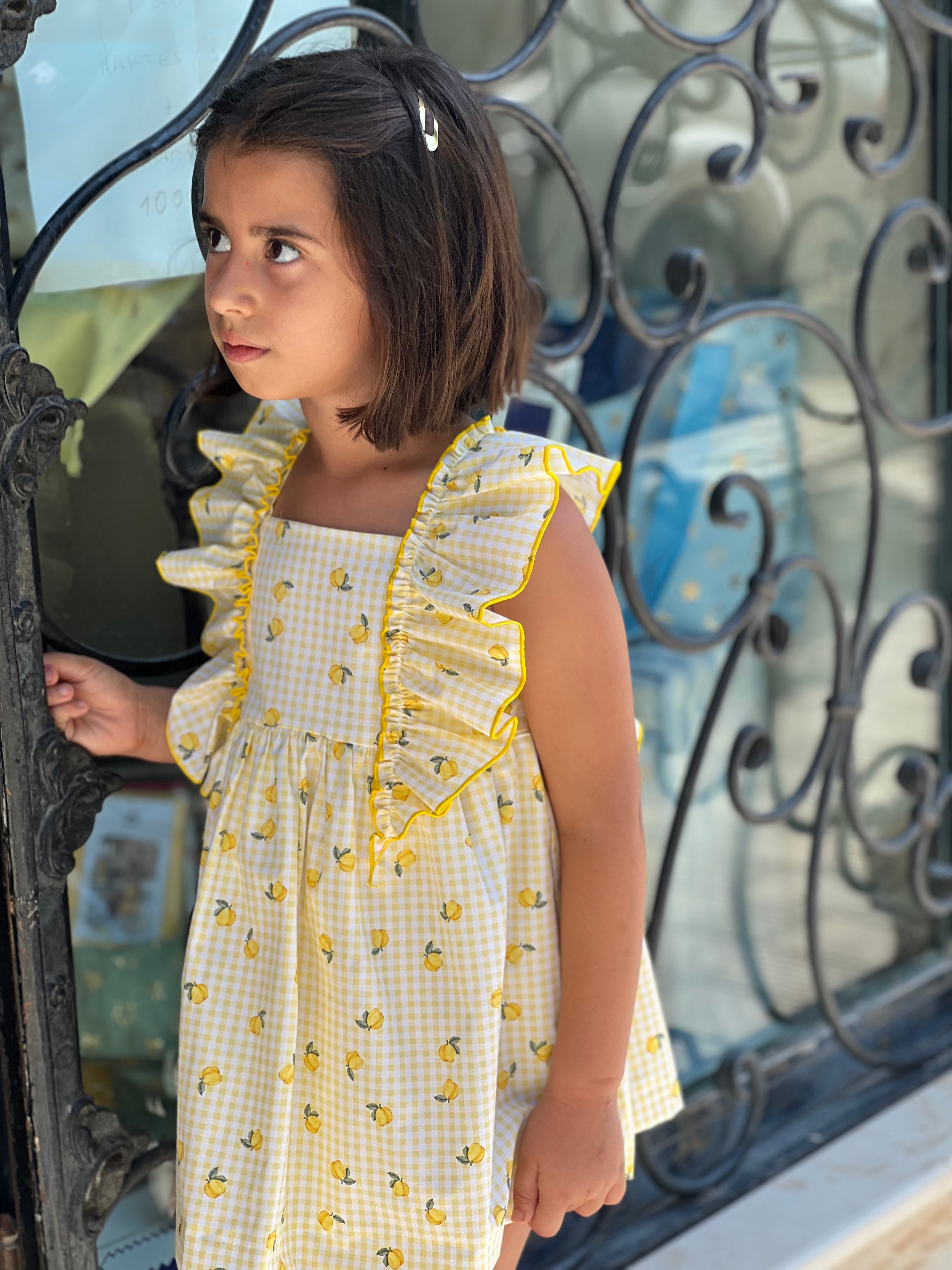 SS26 Girls La Peppa girls lemon print dress yellow gingham Spanish dress
