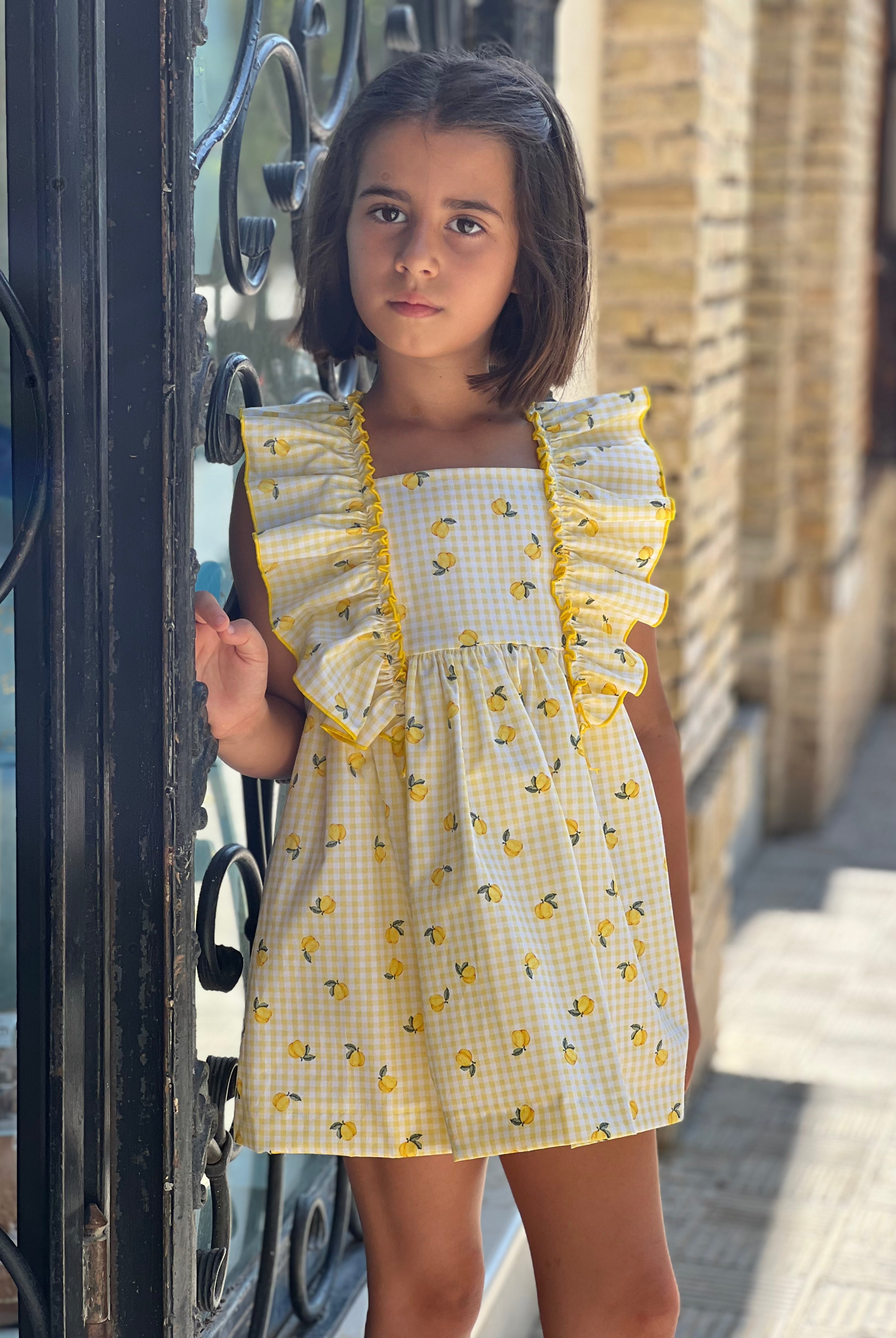Girls Spanish dress lemon print ruffle back La Peppa summer dress