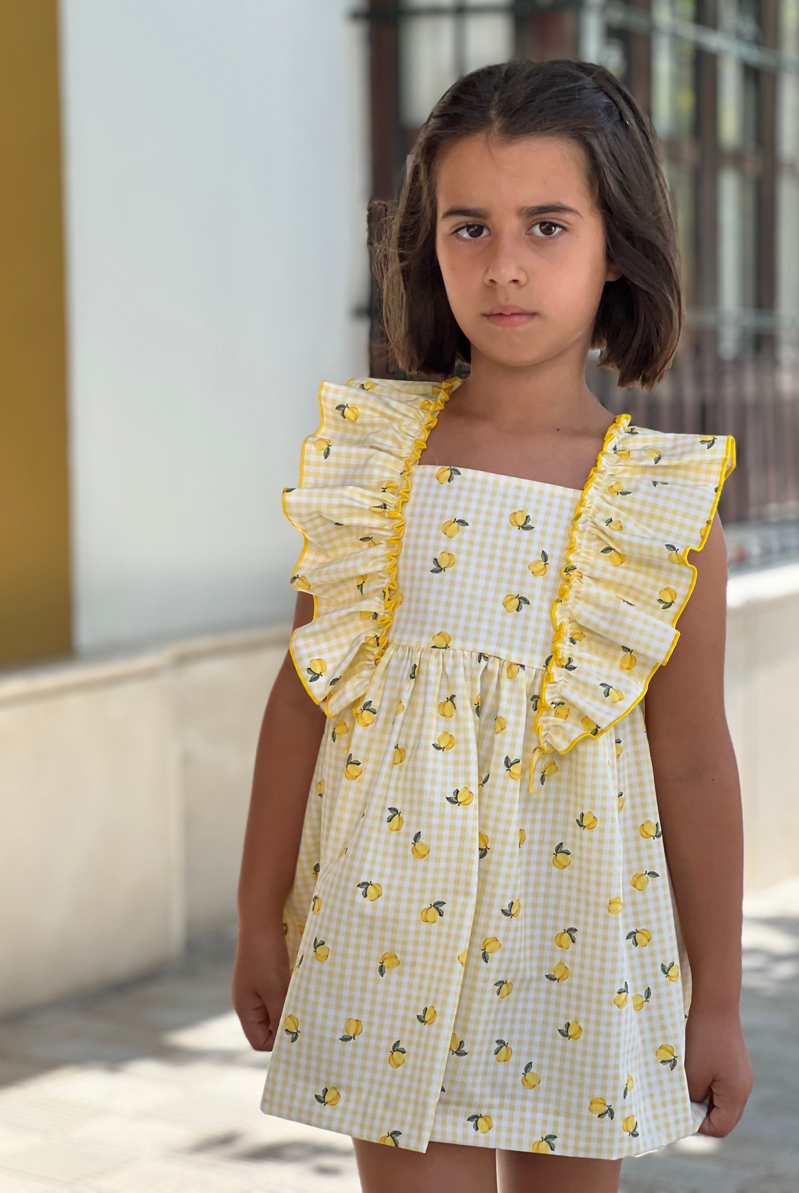 La Peppa girls lemon print dress yellow gingham Spanish dress SS26