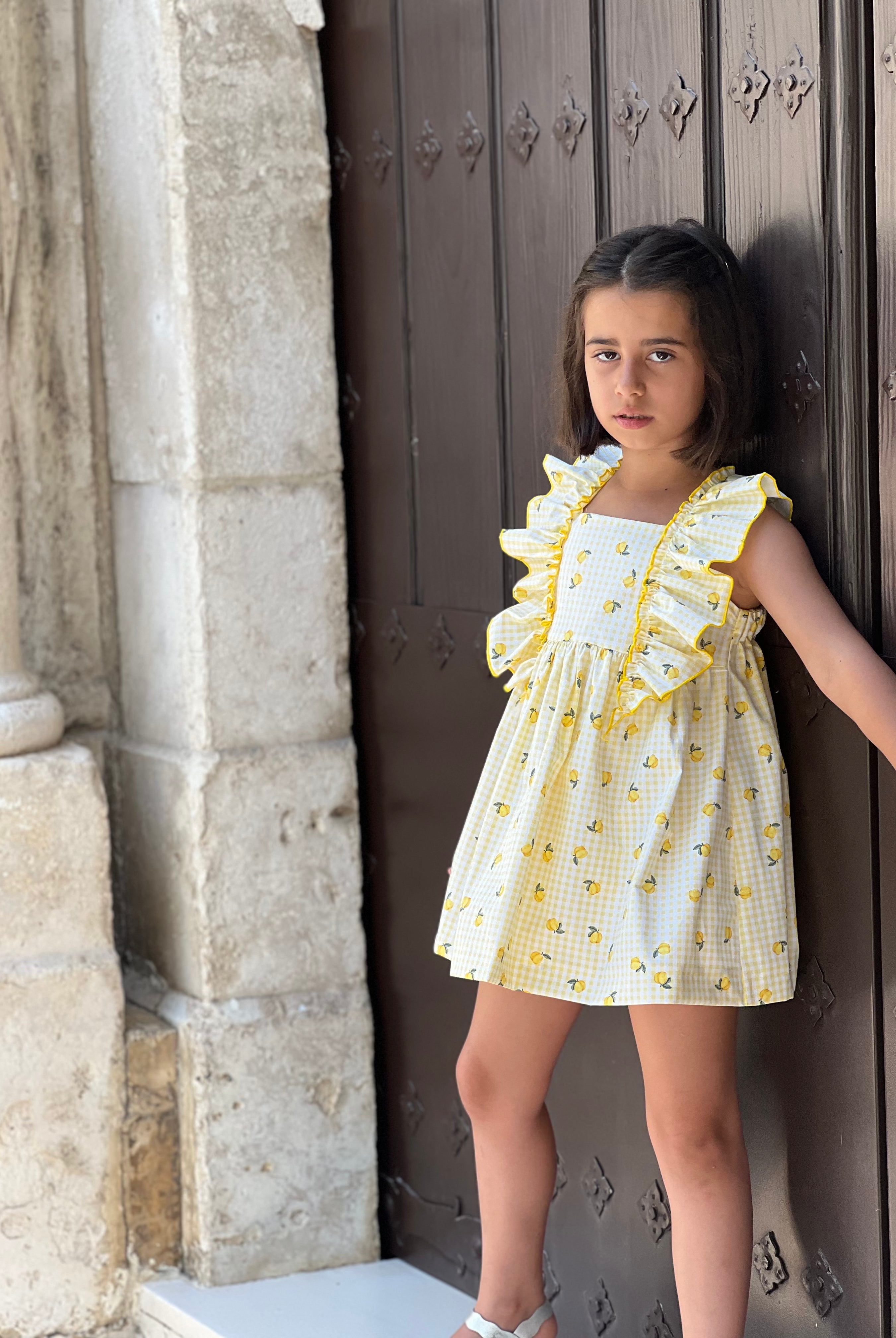 La Peppa girls yellow lemon dress gingham ruffle shoulder dress