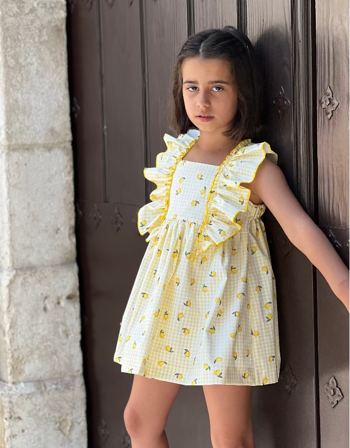 La Peppa girls yellow lemon dress gingham ruffle shoulder dress