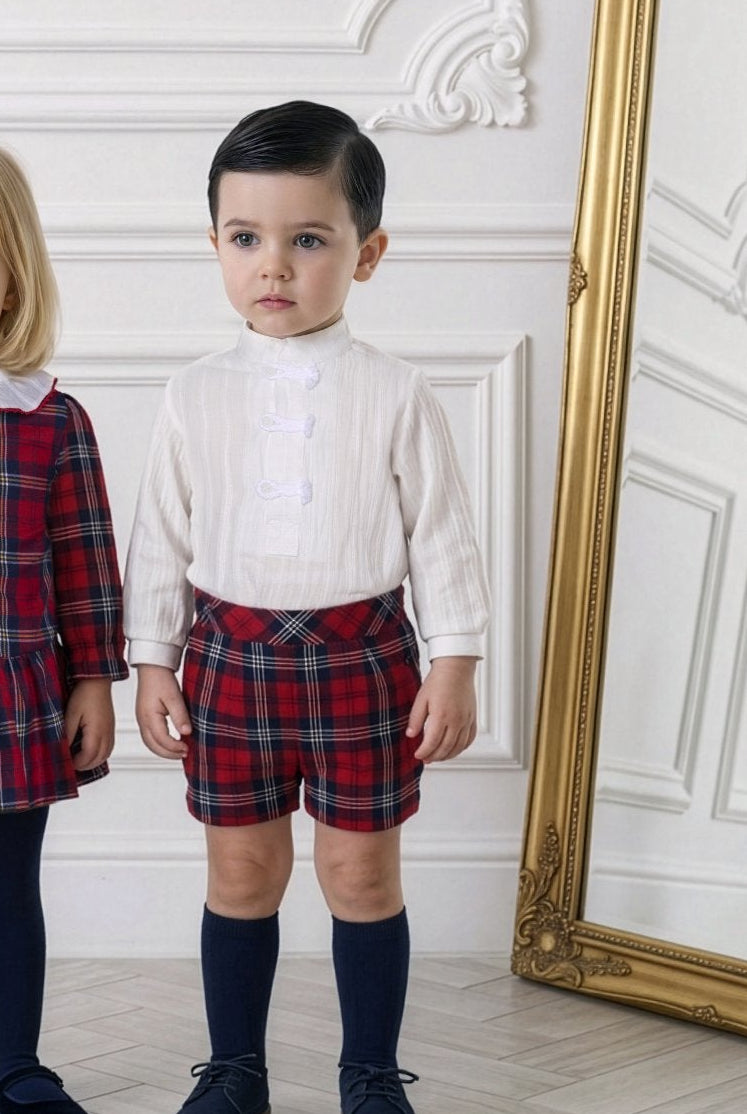 Miranda AW26 Baby Boys Tartan Print Shorts and Shirt Set modelled by a young boy, perfect for Christmas.