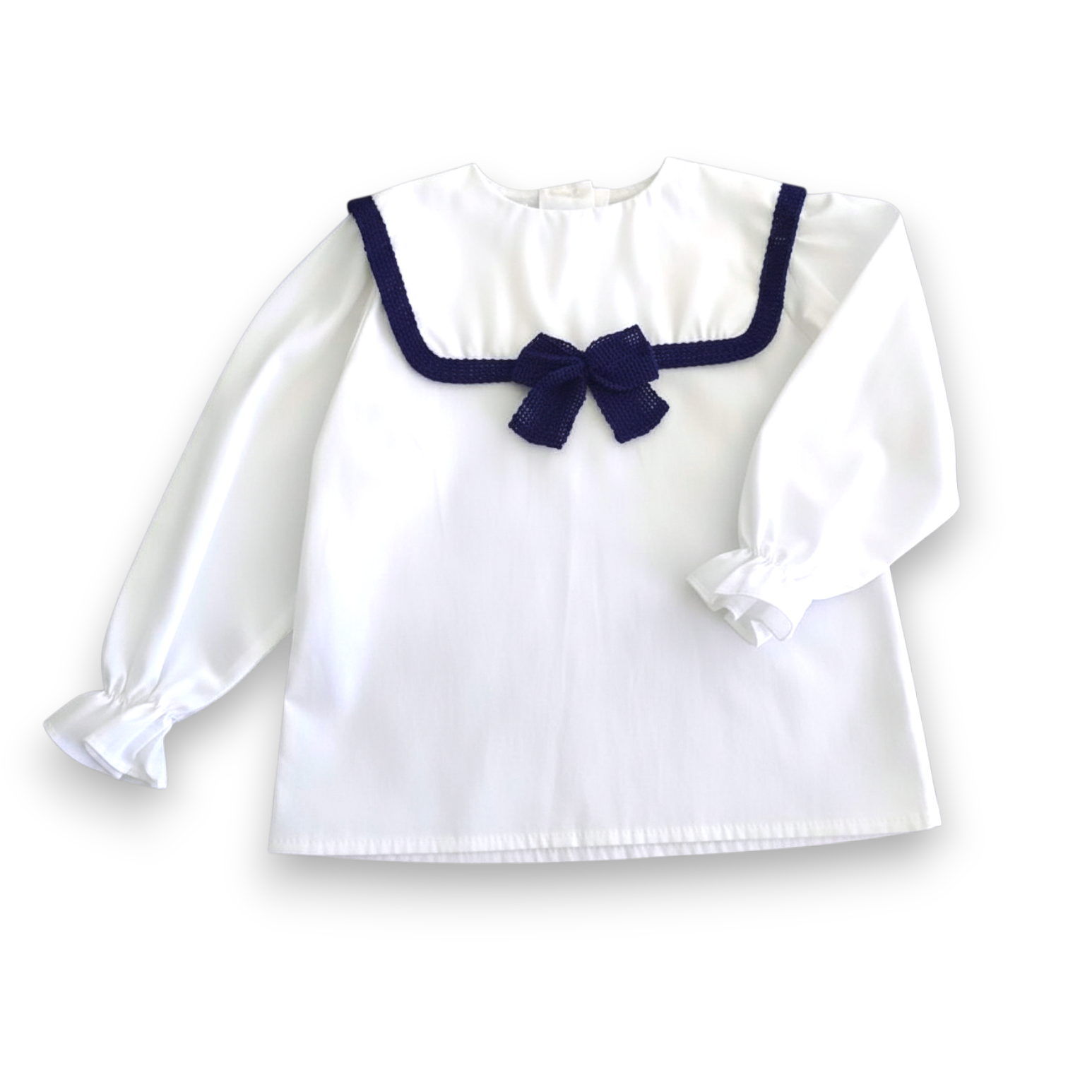 Be Chic girls navy velvet puffy shorts with ivory sailor blouse made in Portugal AW26