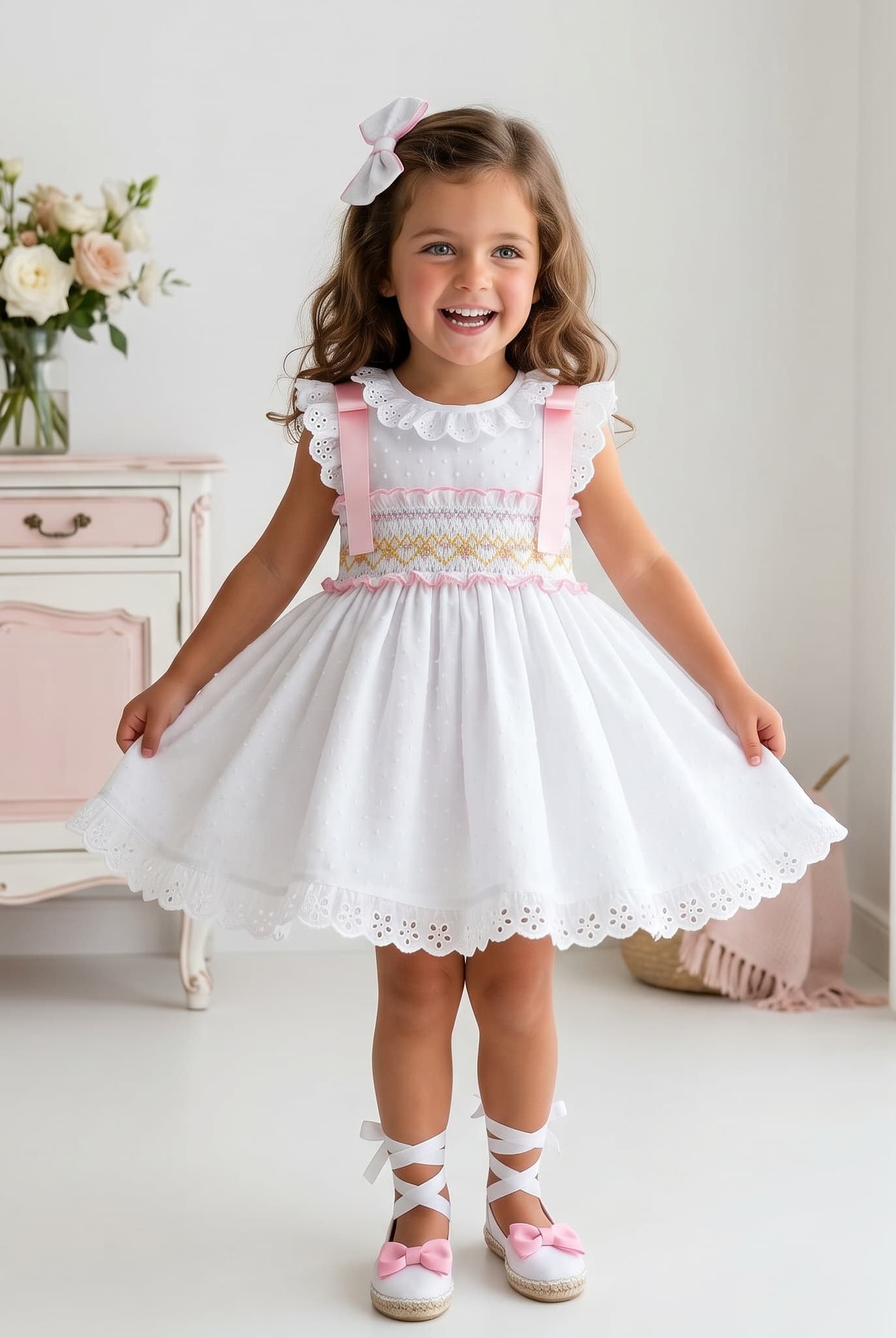 Beautiful Sonata girls summer dress in white and pink smock.
