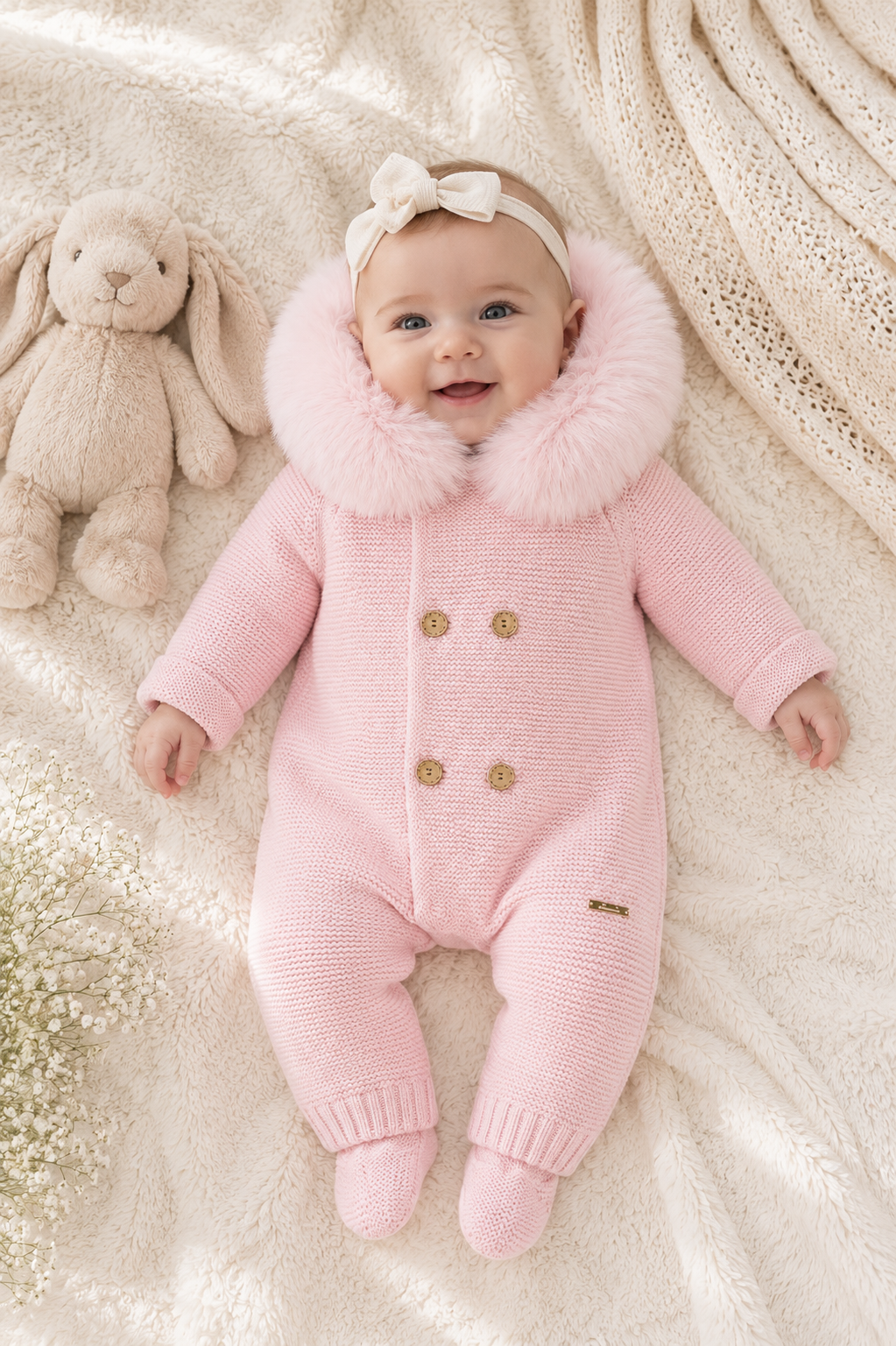 Martin Aranda baby pink knitted baby pramsuit with faux fur hood AW26