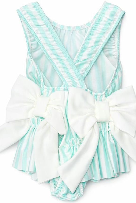 Girls mint green stripe swimsuit with oversized ivory bow cross back ages 2 to 12