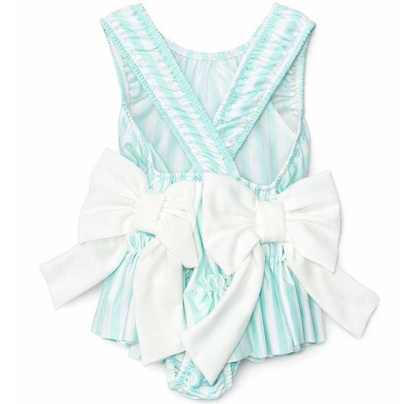 Girls mint green stripe swimsuit with oversized ivory bow cross back ages 2 to 12