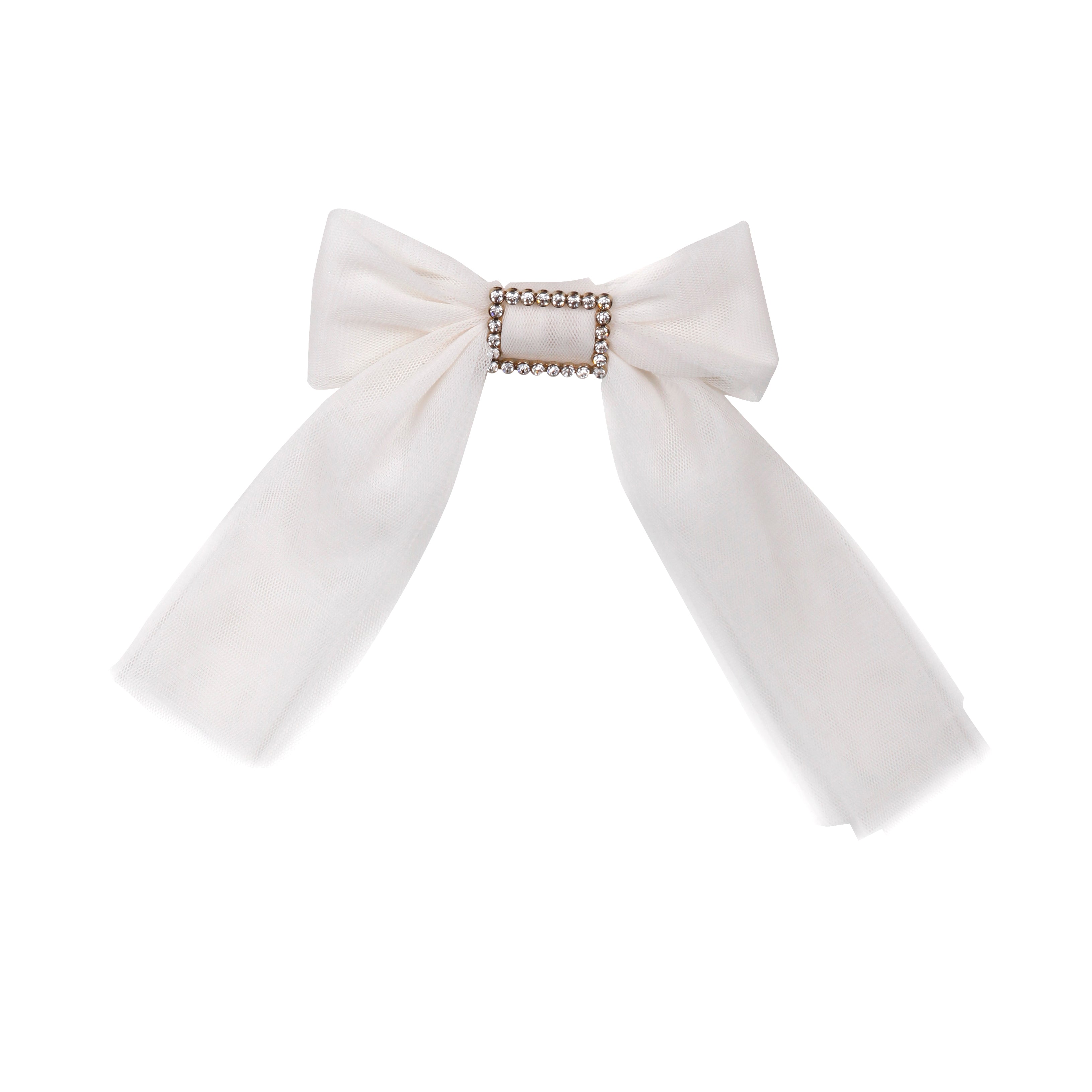 A white bow accessory with a rectangular metal frame embellished with small clear rhinestones, set against a solid white background.