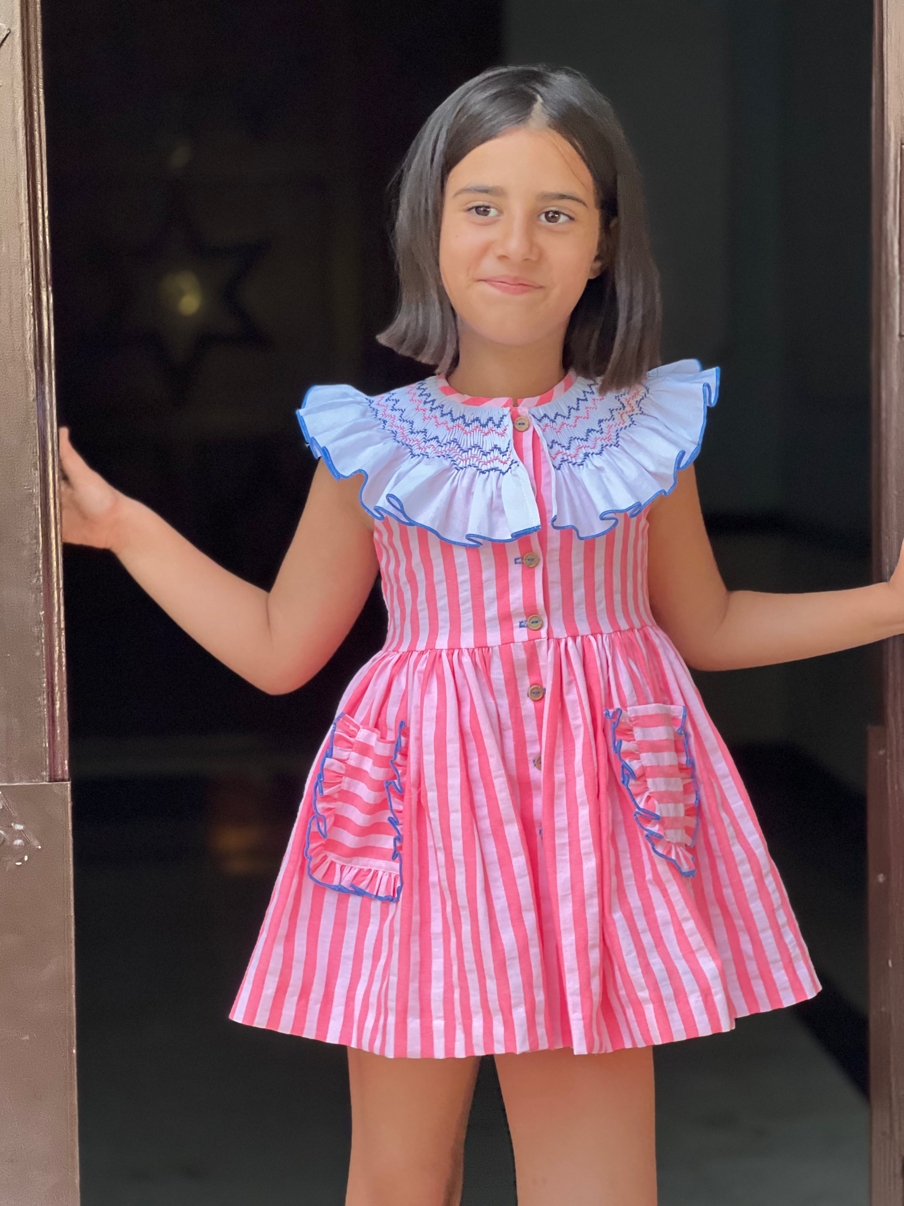 Baby girls Neon pink stripe Spanish dress with frill collar La Peppa