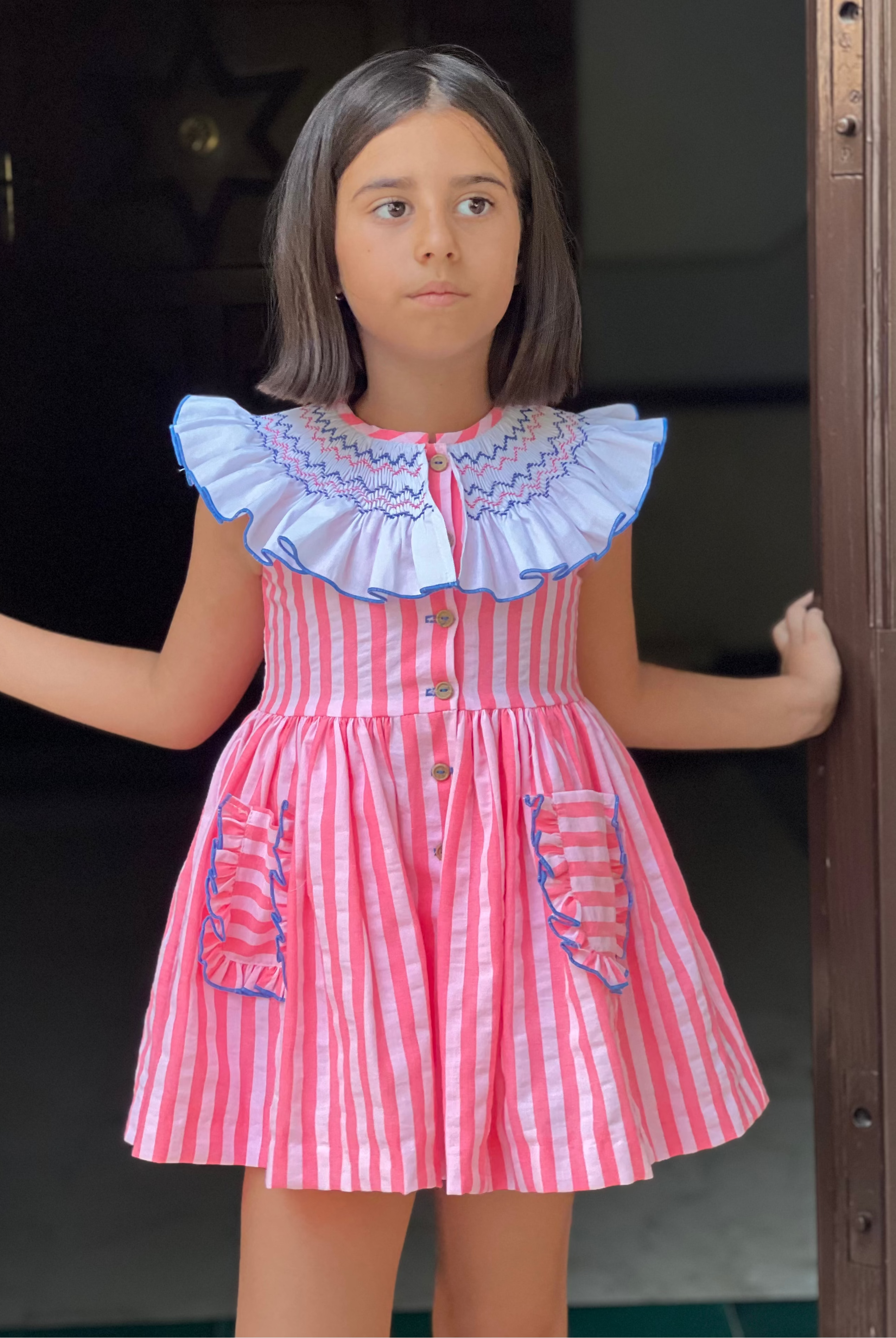 La Peppa baby girls neon pink stripe dress smocked collar SS26