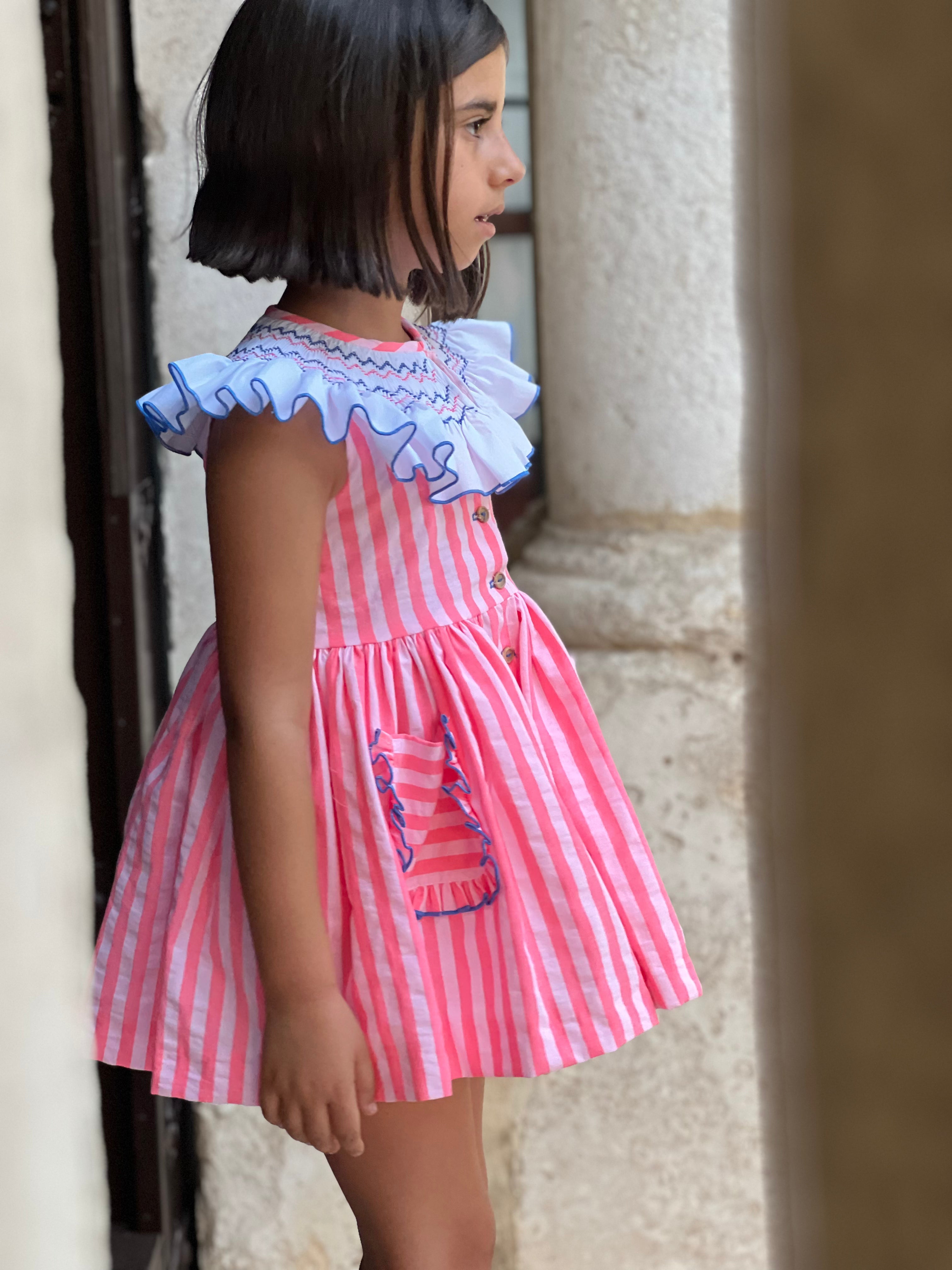 Smocked Collar La Peppa Neon Pink Baby Girls Dress for SS26