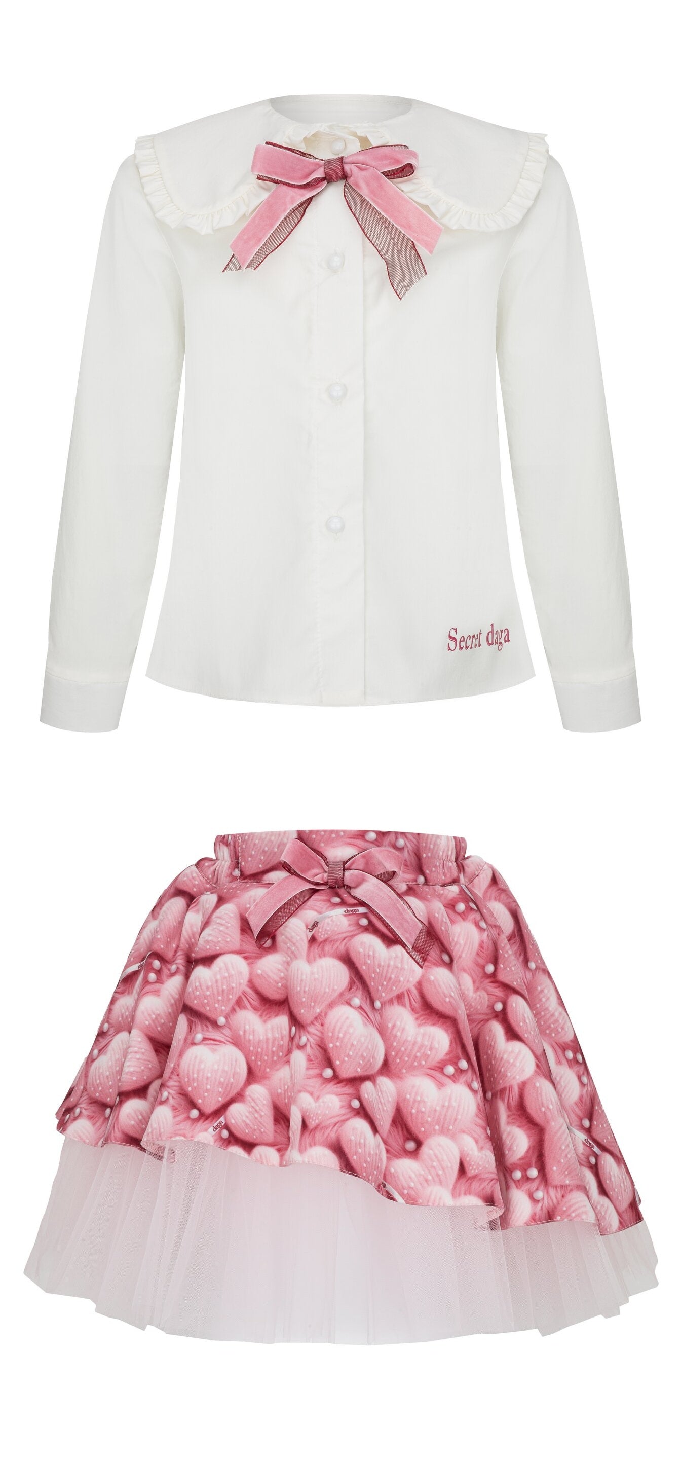Daga Love Story Collection AW26 girls pink skirt and blouse set