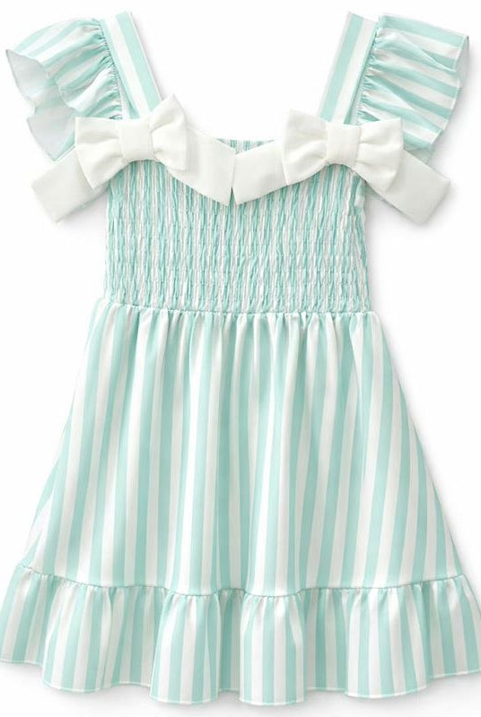 Girls mint green stripe smocked summer dress with ivory bow shoulders ages 4 to 14