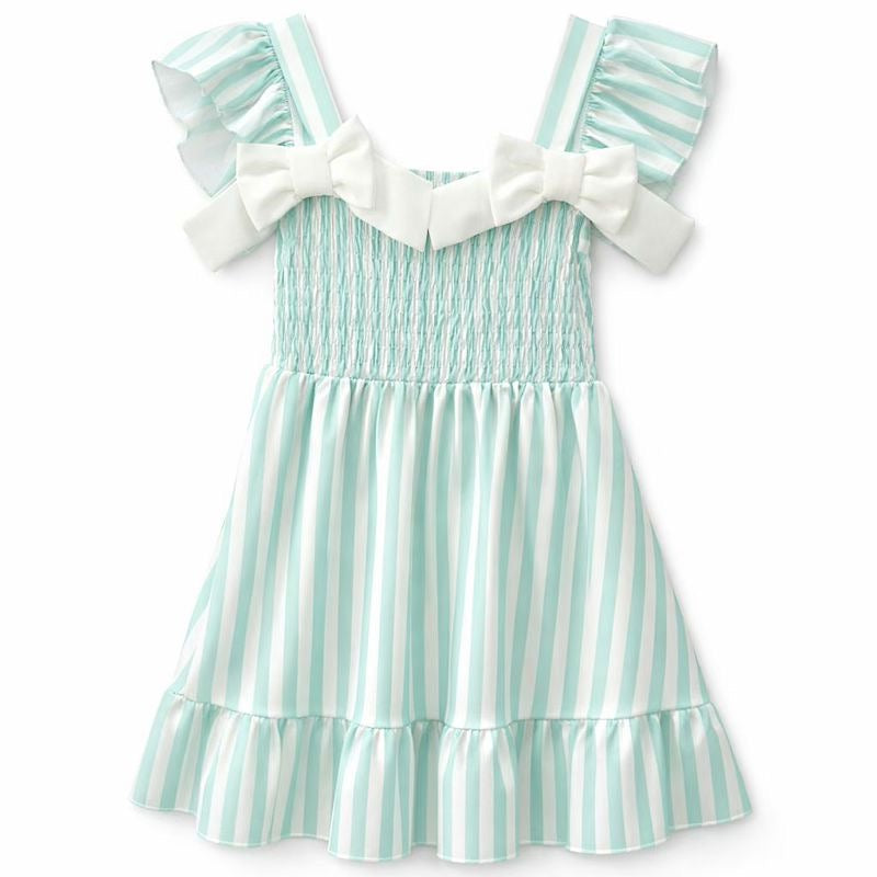 Girls mint green stripe smocked summer dress with ivory bow shoulders ages 4 to 14