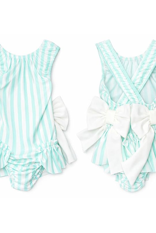 Girls mint green stripe swimsuit with frill trim ages 2 to 12