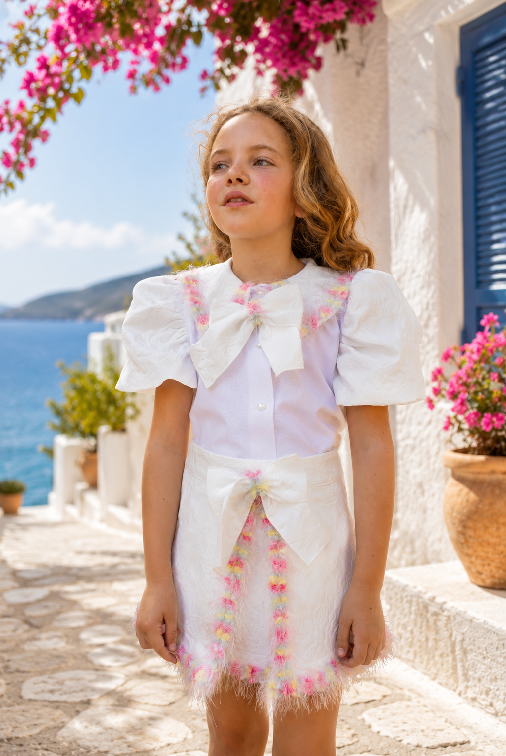 A young girl wearing a white traditional Spanish outfit with pink floral embroidery and a large bow, standing outdoors on a stone path near a white wall with blue shutters and pink bougainvillea flowers.