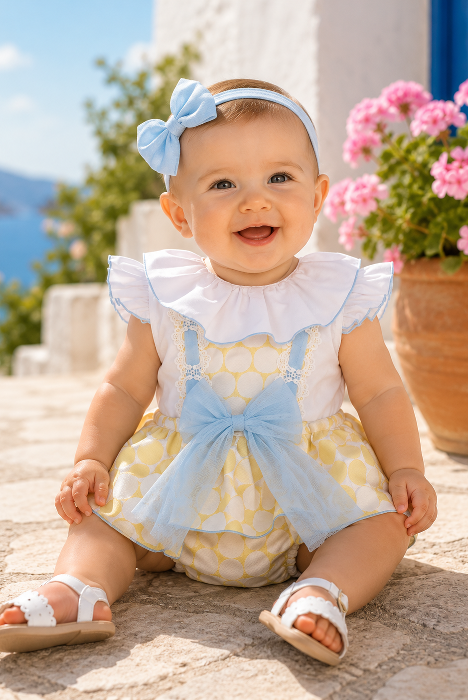 A baby girl sitting outdoors on a stone patio, wearing a yellow and white patterned romper with light blue suspenders, a white ruffled bodice, a light blue bow at the waist, a matching light blue headband with a bow, and white sandals.