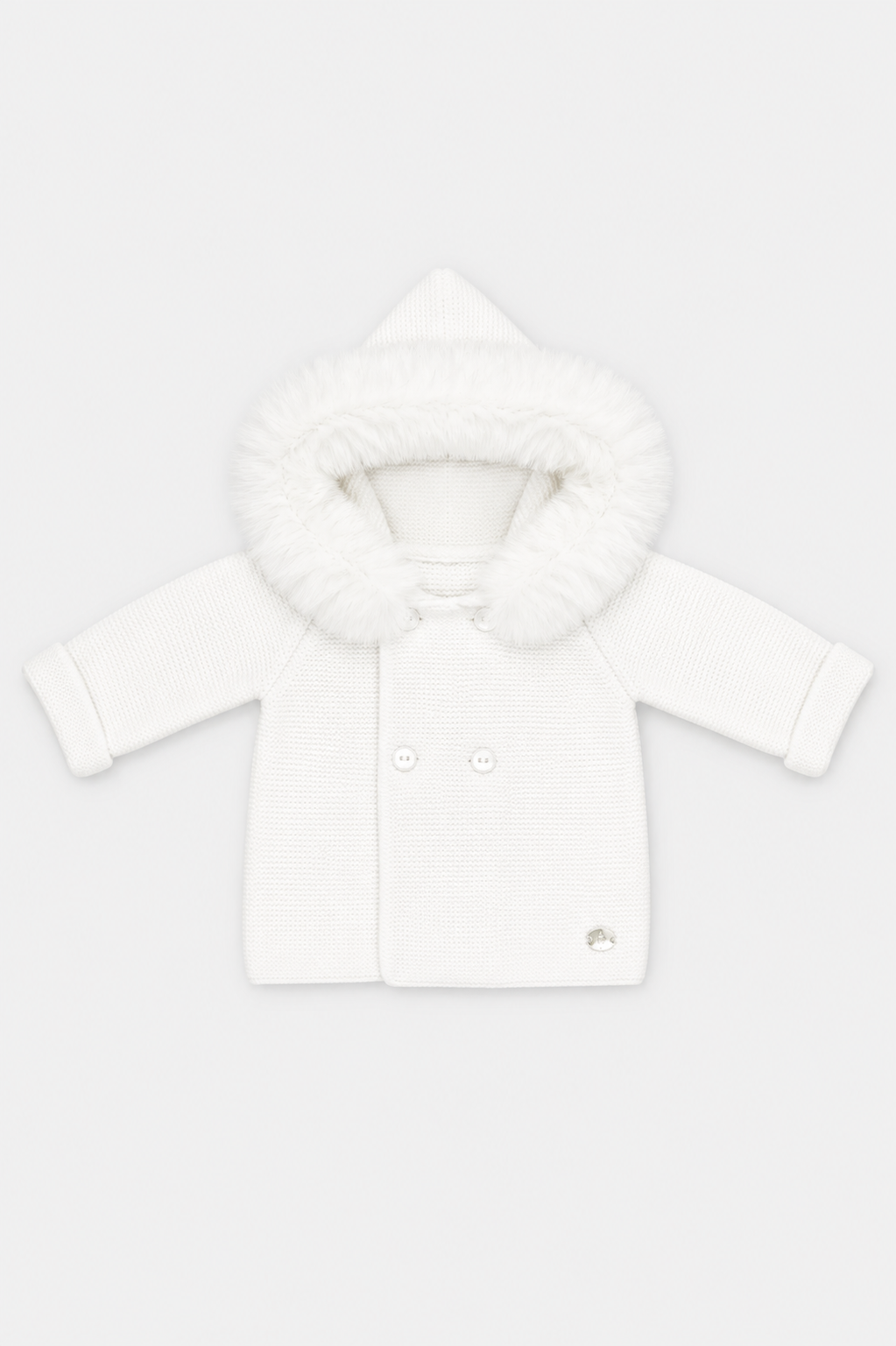 A white knit baby coat with a plush faux-fur trimmed hood, shown flat against a light gray background.