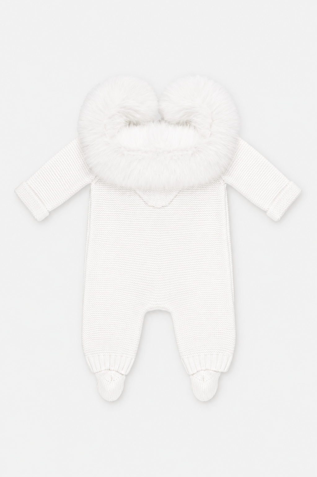 A white knit baby footed jumpsuit with a fluffy faux-fur hood, shown against a plain white background.