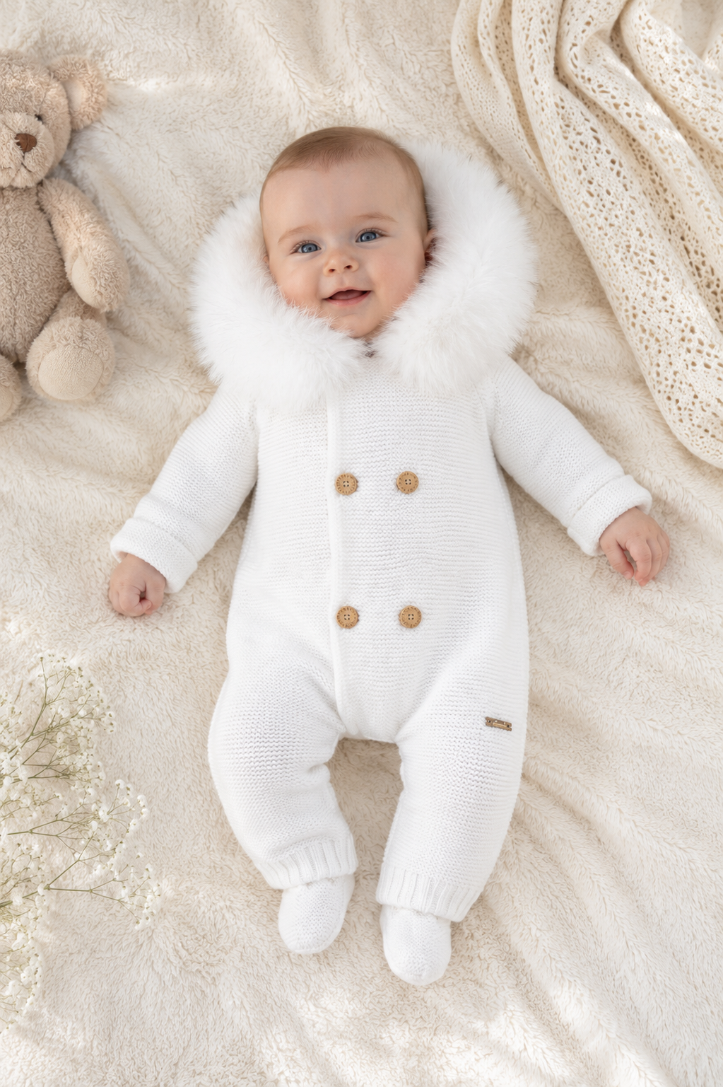 Martin Aranda white knitted baby pramsuit with faux fur hood AW26