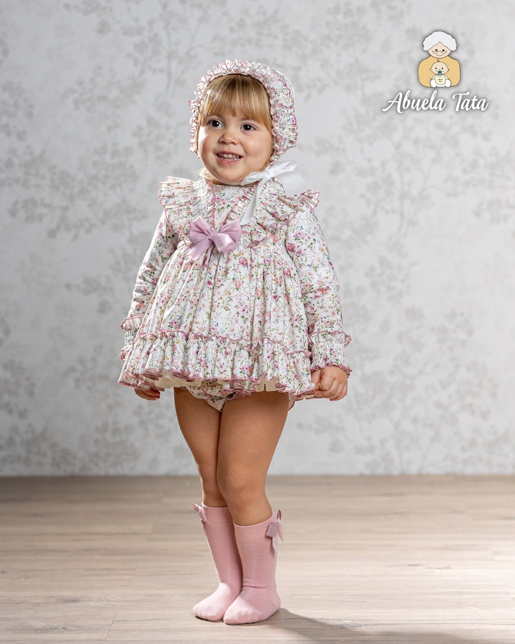 Abuela Tata AW25 - Baby Girls English Rose Dress, Knickers & Bonnet