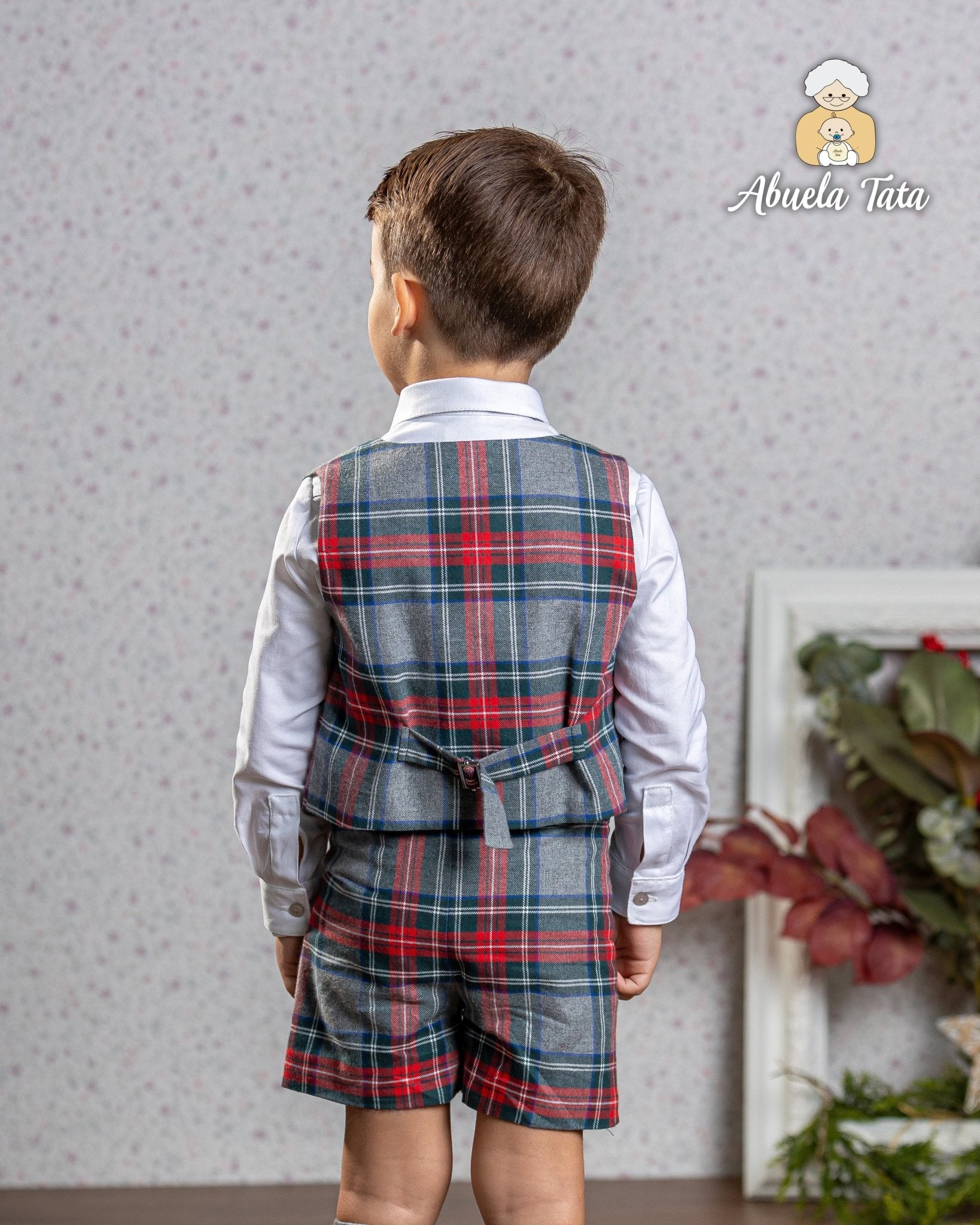 Abuela Tata AW25 - Boys Grey & Red Tartan Shorts, Shirt, Waistcoat & Dickie Bow