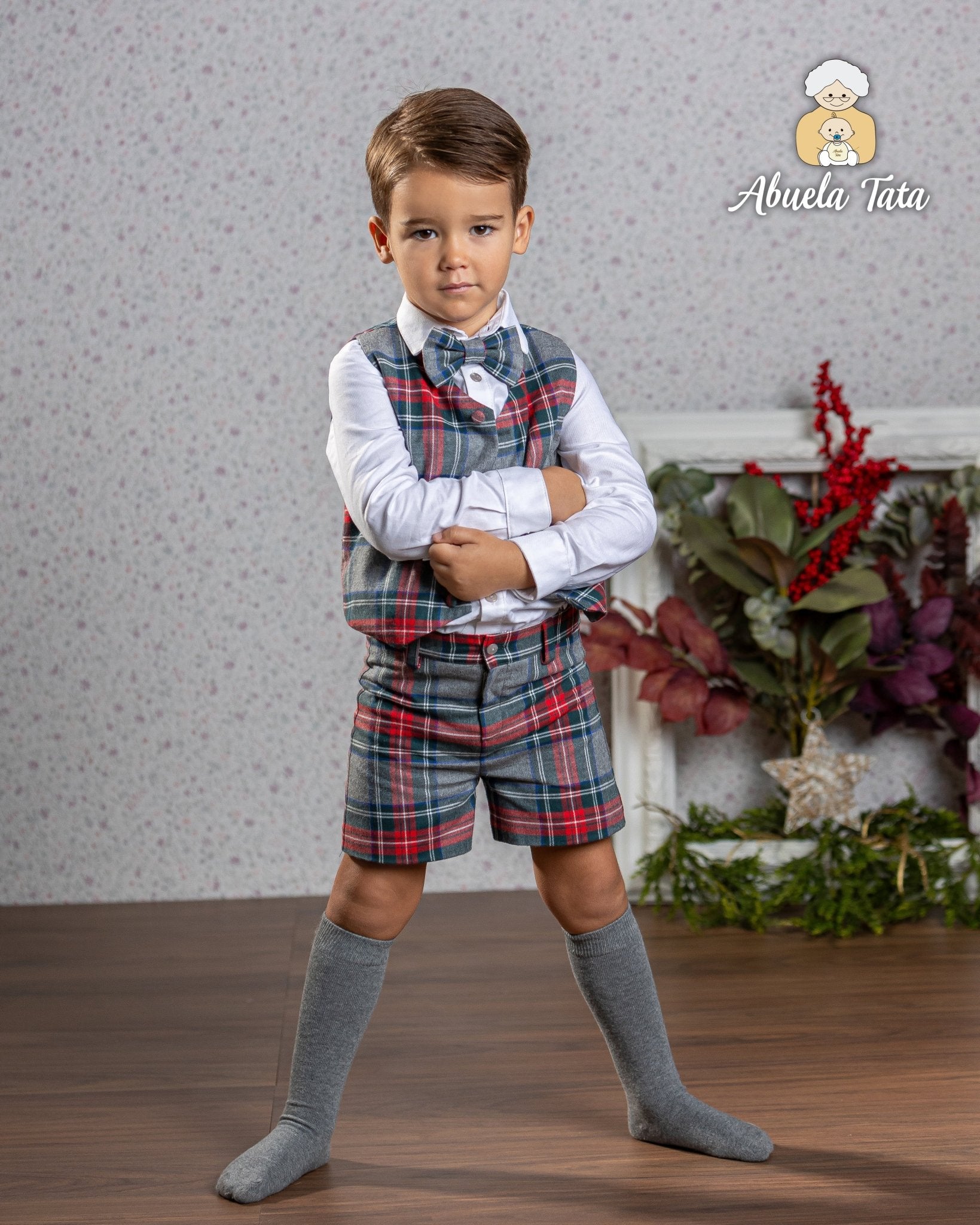 Abuela Tata AW25 - Boys Grey & Red Tartan Shorts, Shirt, Waistcoat & Dickie Bow