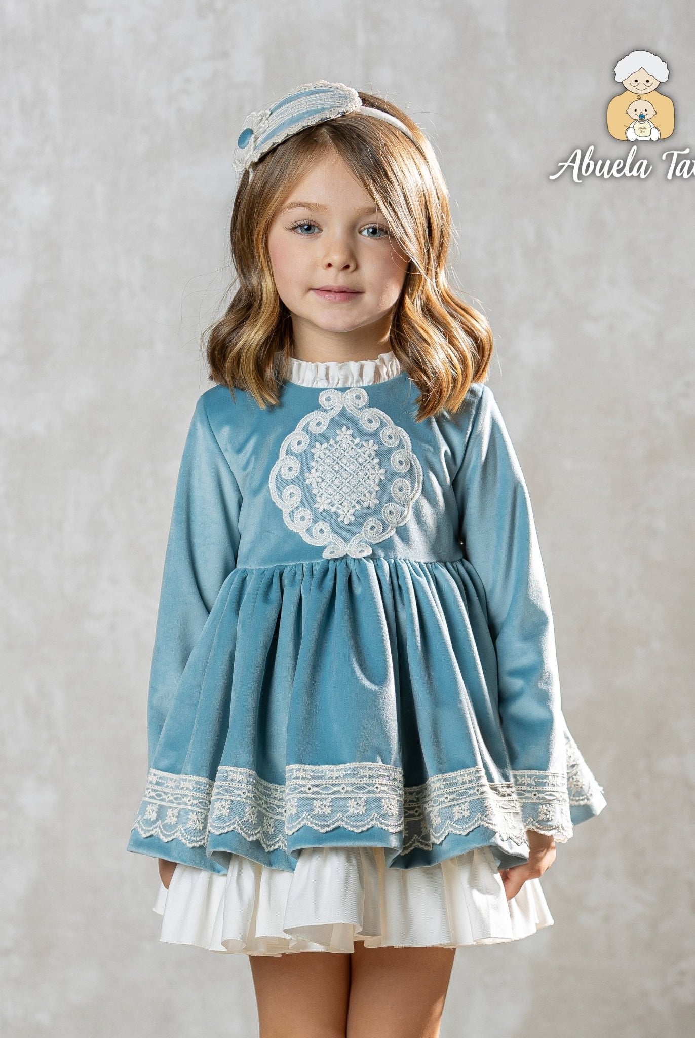 Abuela Tata AW25 - Girls Blue & Cream Dress & Headpiece