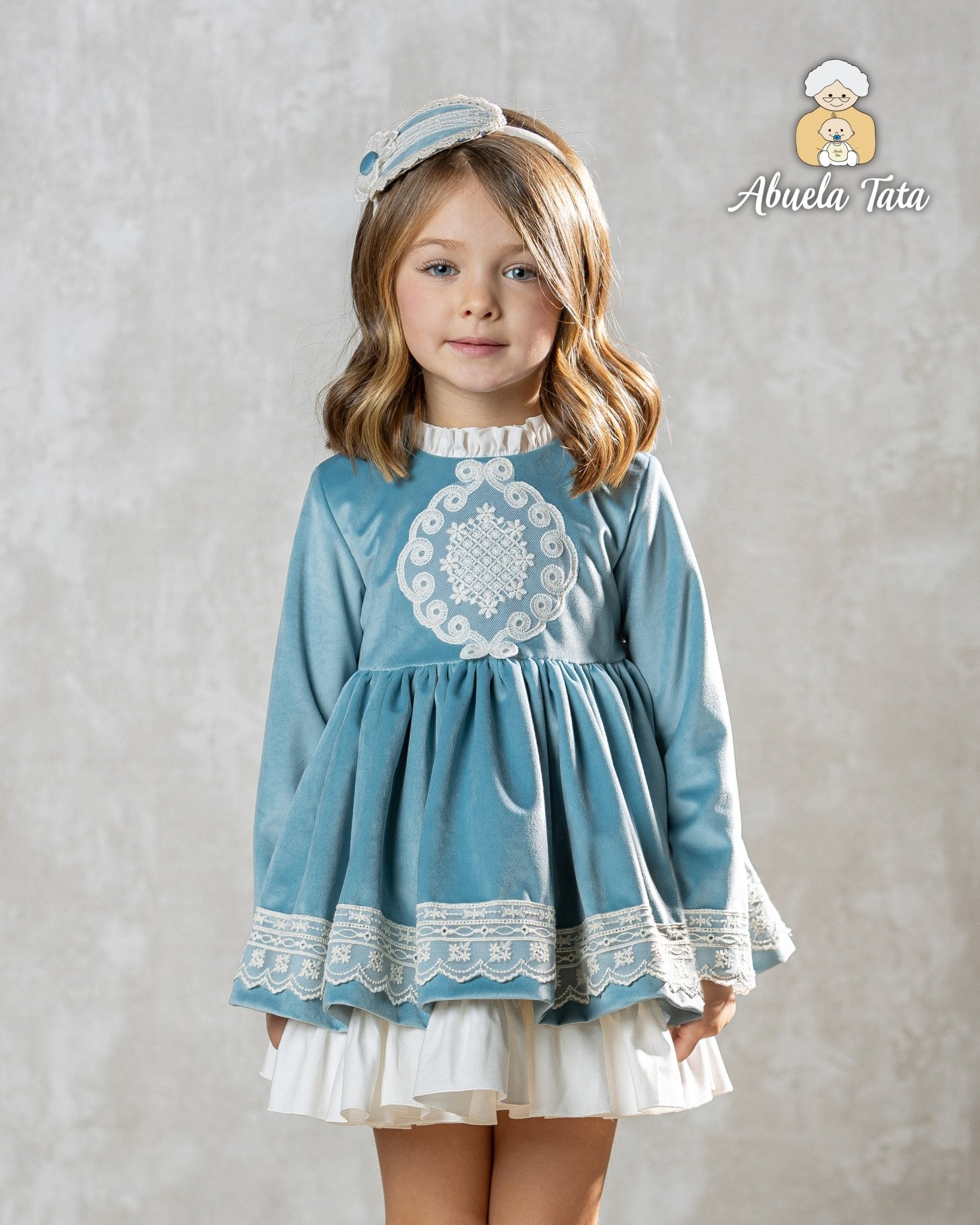 Abuela Tata AW25 - Girls Blue & Cream Dress & Headpiece