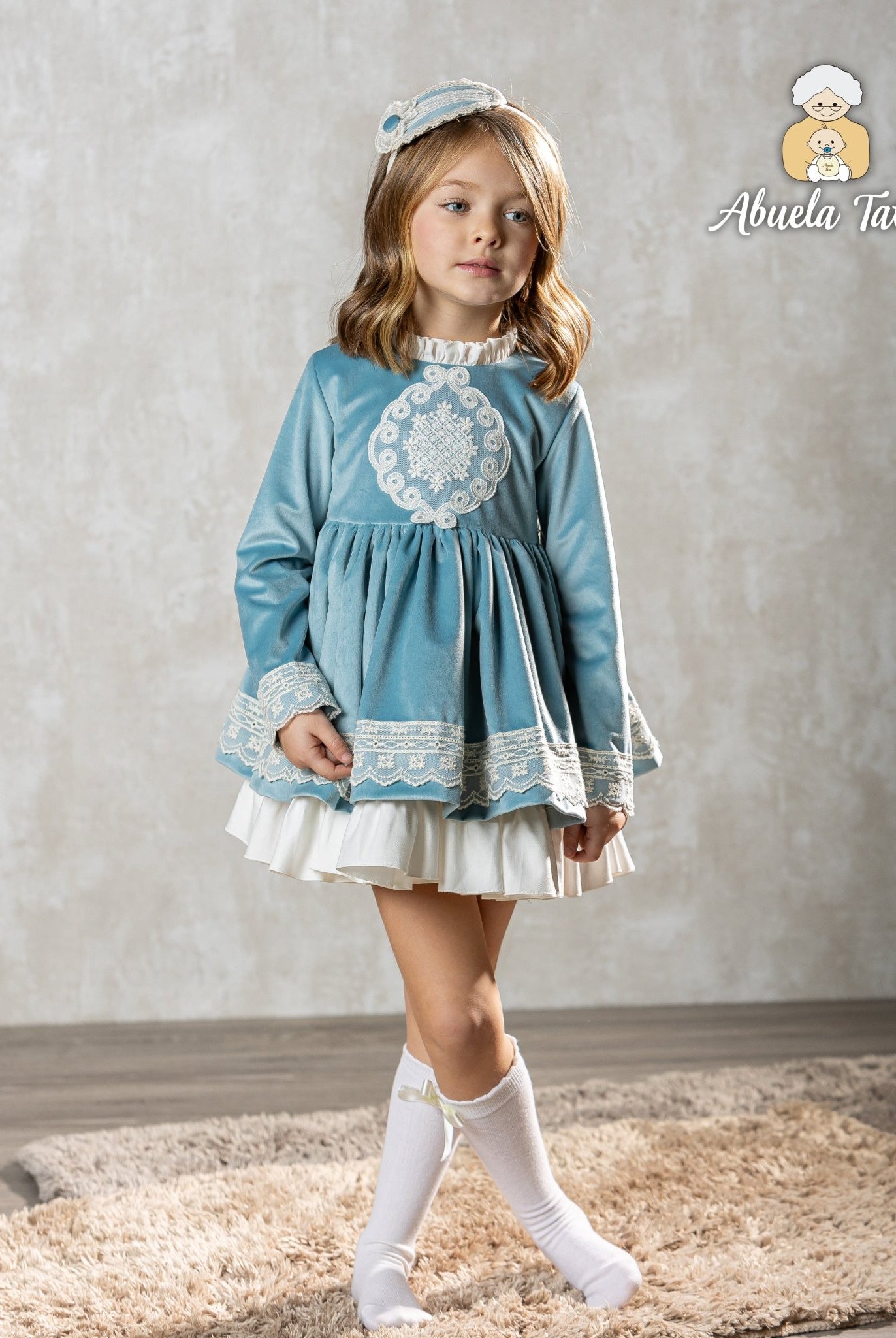 Abuela Tata AW25 - Girls Blue & Cream Dress & Headpiece