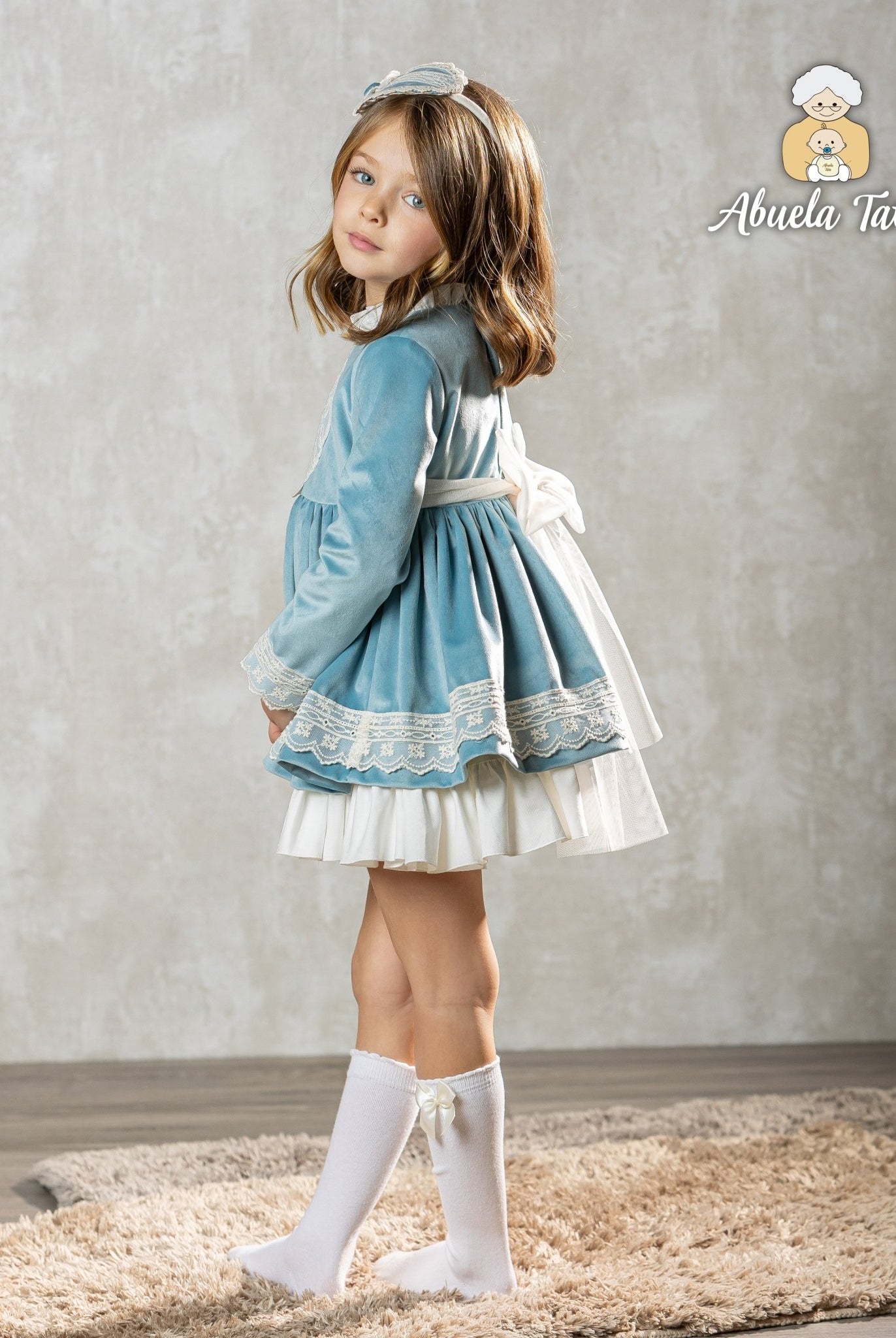 Abuela Tata AW25 - Girls Blue & Cream Dress & Headpiece
