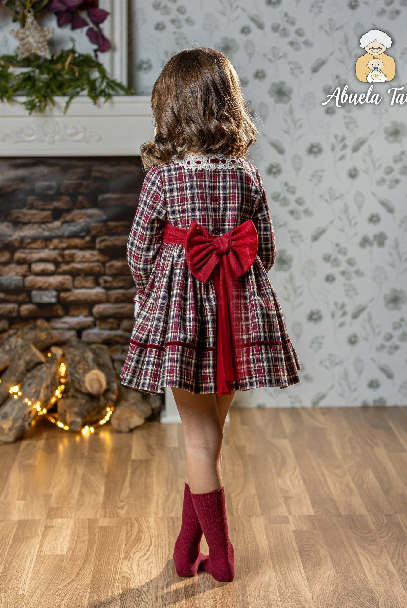 Abuela Tata AW25 - Girls Burgundy Check Dress & Headpiece