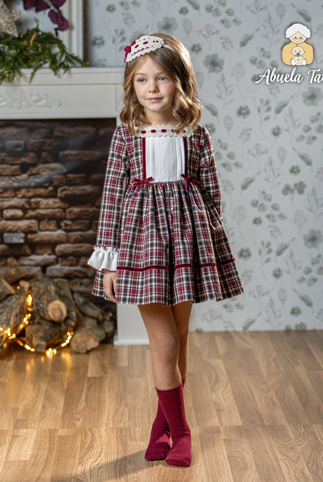 Abuela Tata AW25 - Girls Burgundy Check Dress & Headpiece