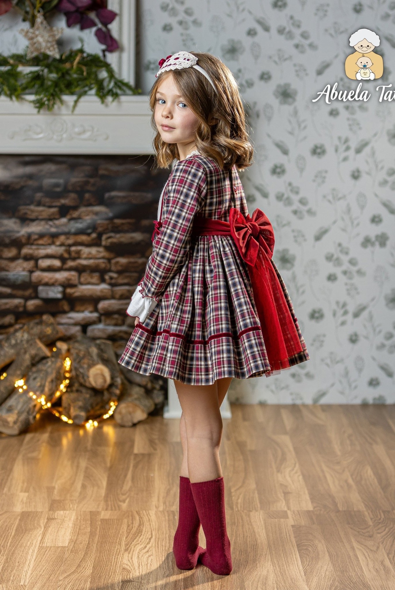 Abuela Tata AW25 - Girls Burgundy Check Dress & Headpiece