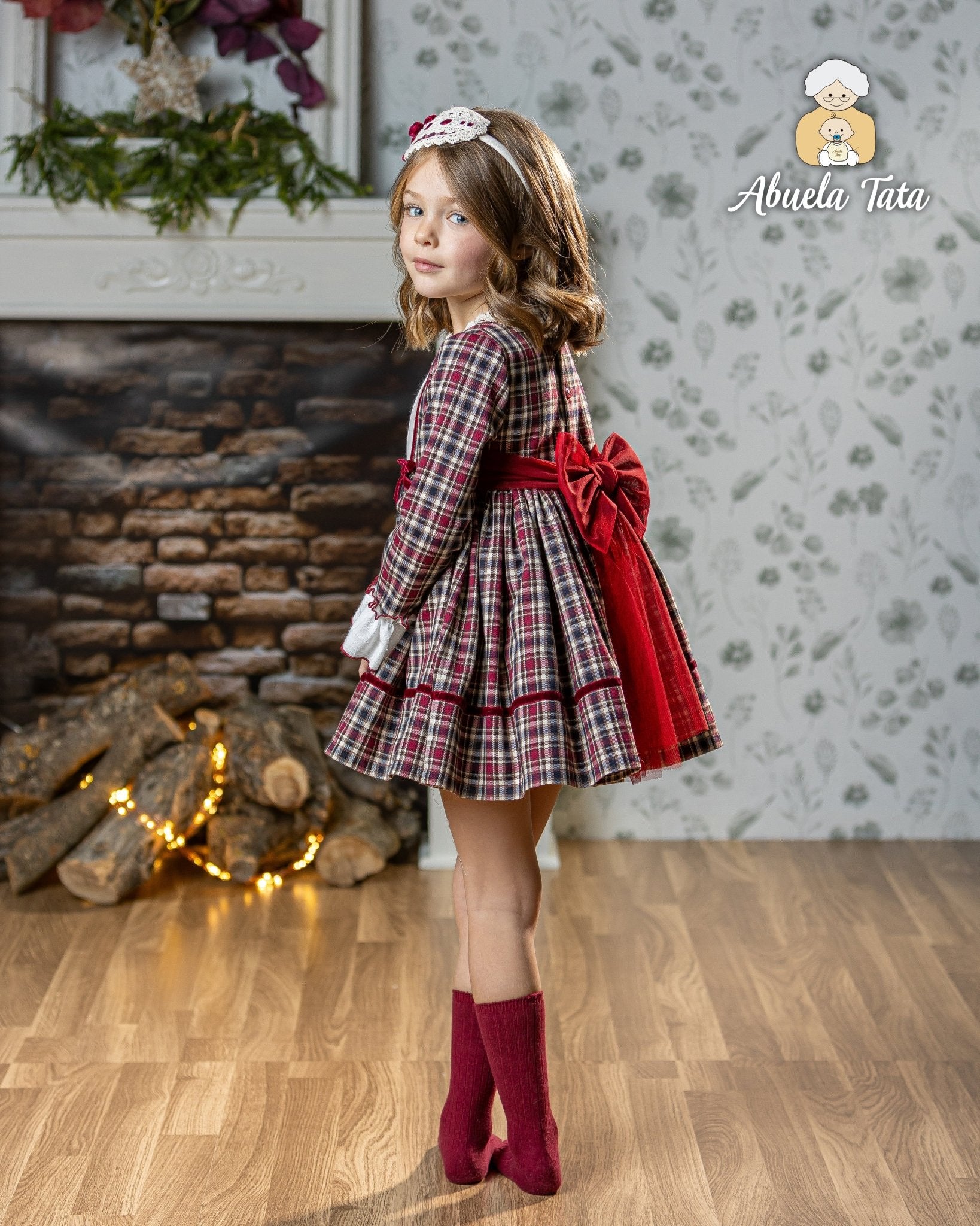 Abuela Tata AW25 - Girls Burgundy Check Dress & Headpiece