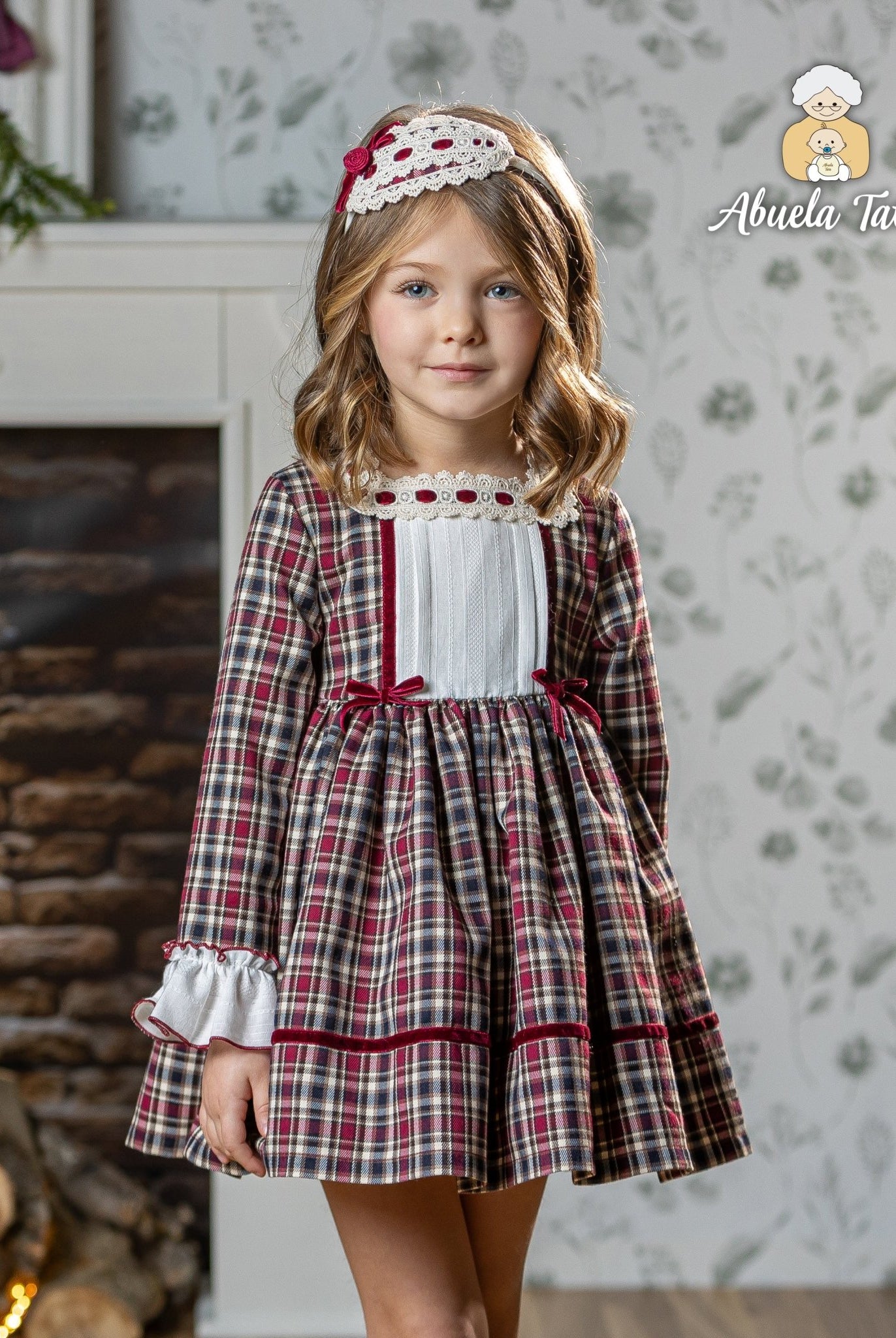 Abuela Tata AW25 - Girls Burgundy Check Dress & Headpiece