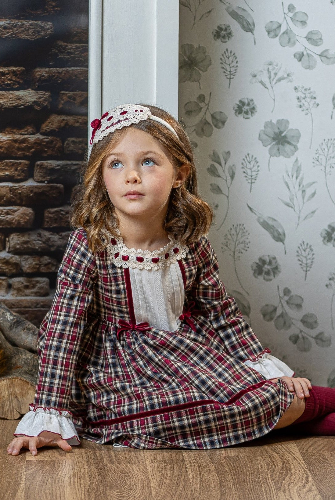 Abuela Tata AW25 - Girls Burgundy Check Dress & Headpiece