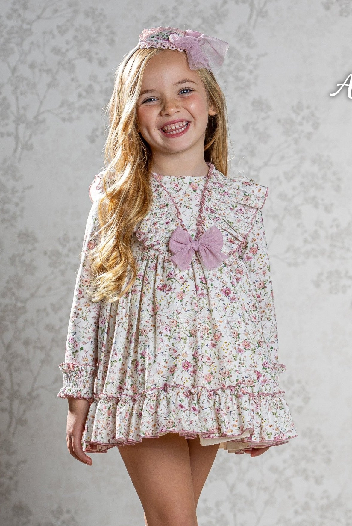 Abuela Tata AW25 - Girls English Rose Floral Print Dress & Headpiece