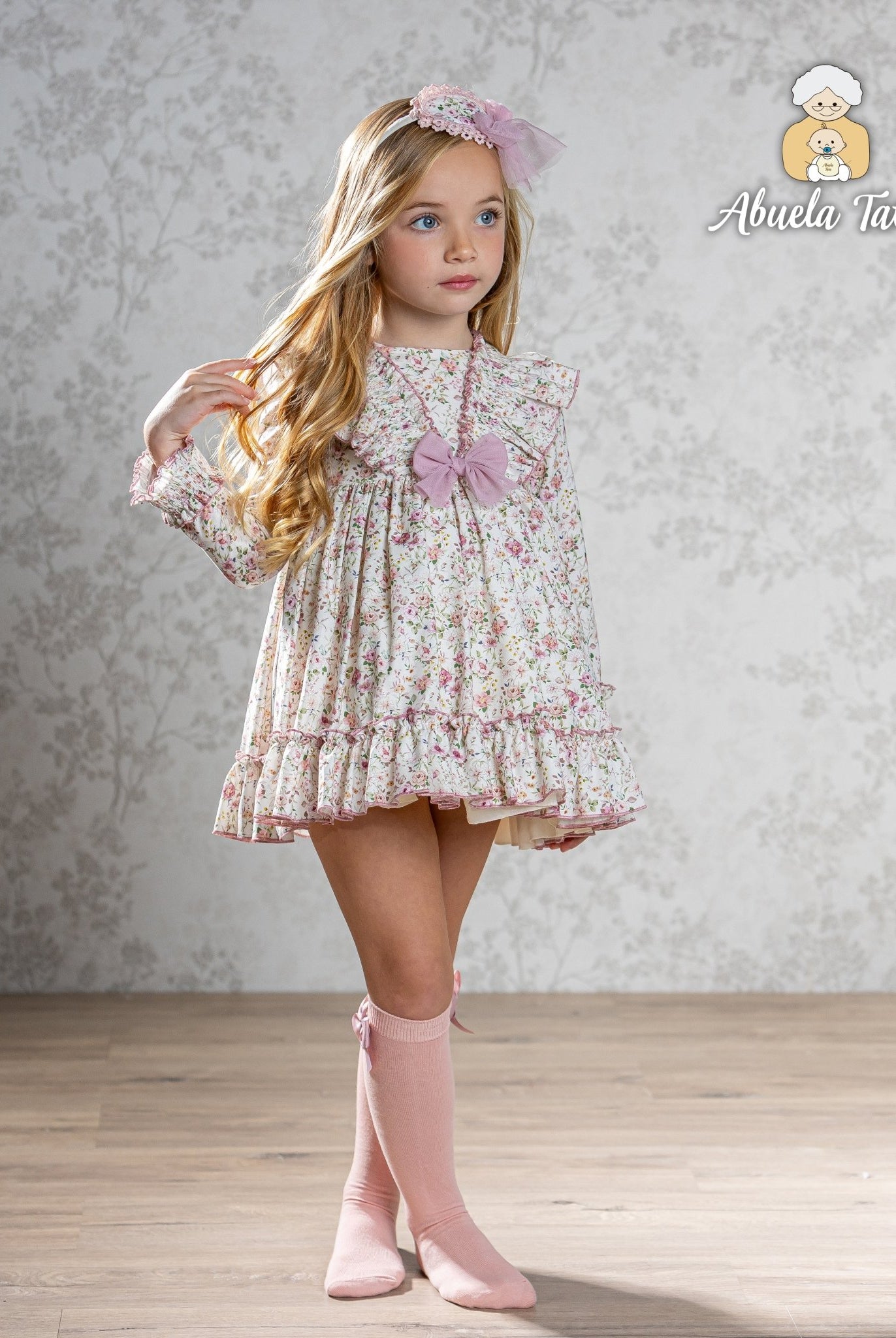 Abuela Tata AW25 - Girls English Rose Floral Print Dress & Headpiece