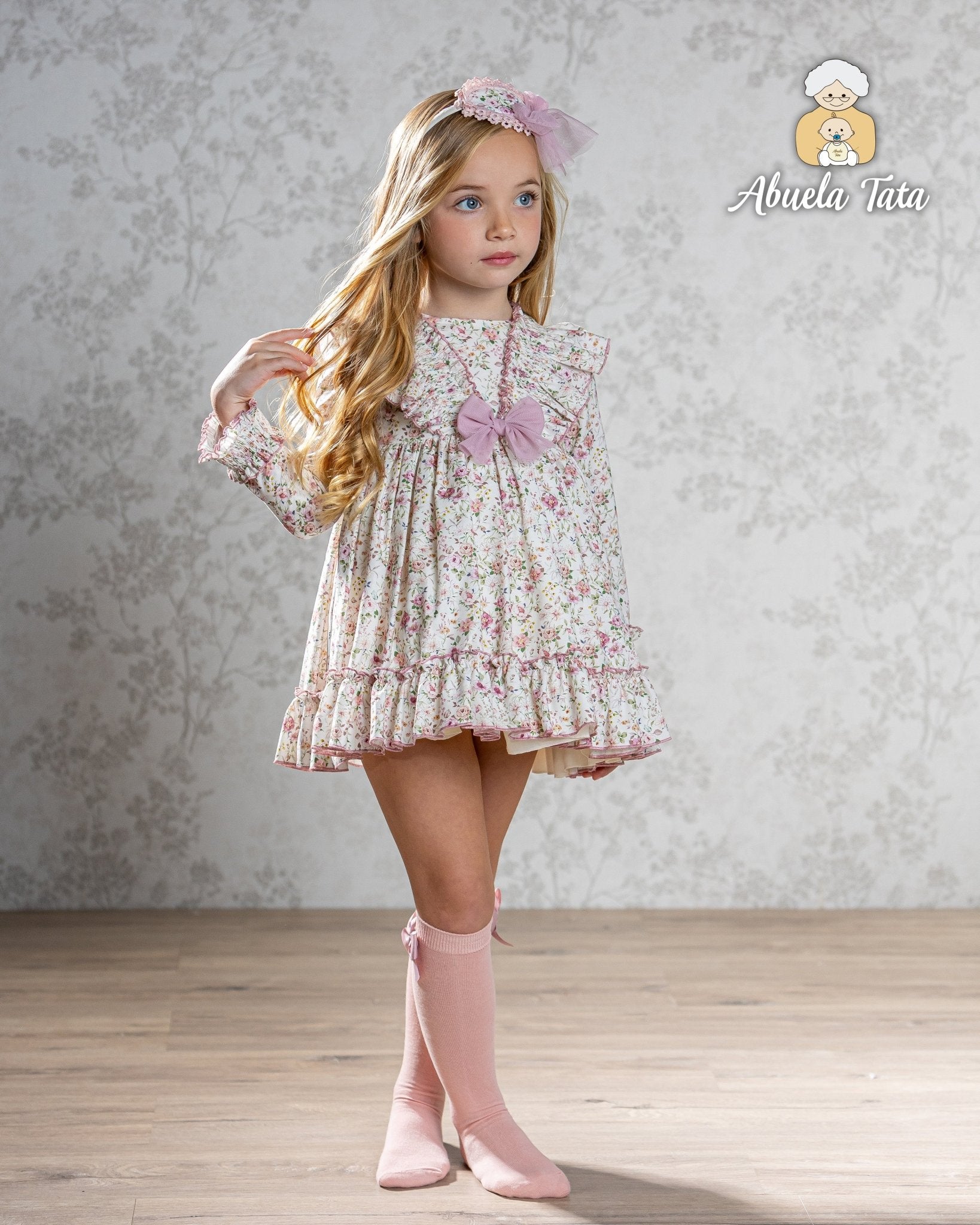 Abuela Tata AW25 - Girls English Rose Floral Print Dress & Headpiece