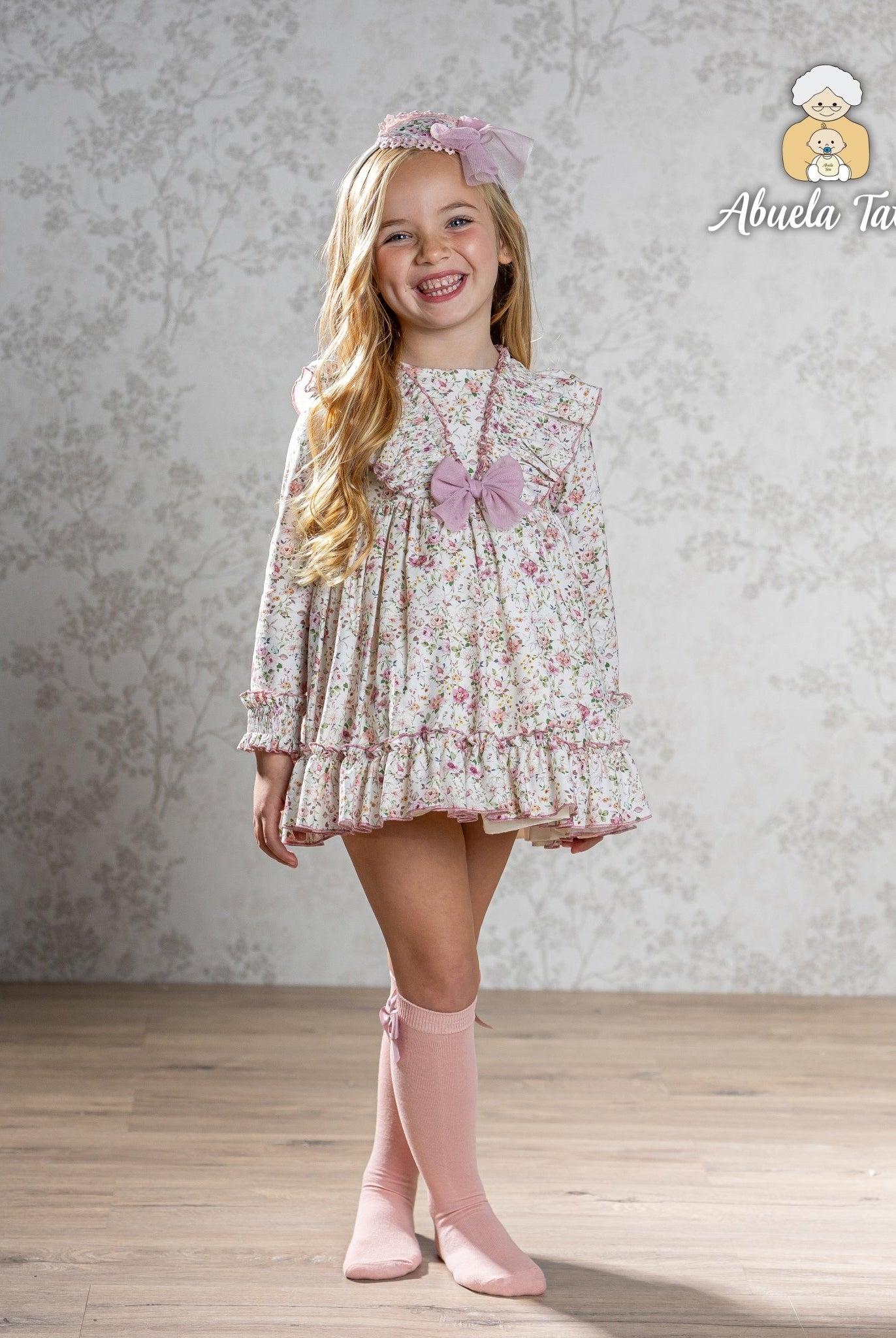 Abuela Tata AW25 - Girls English Rose Floral Print Dress & Headpiece