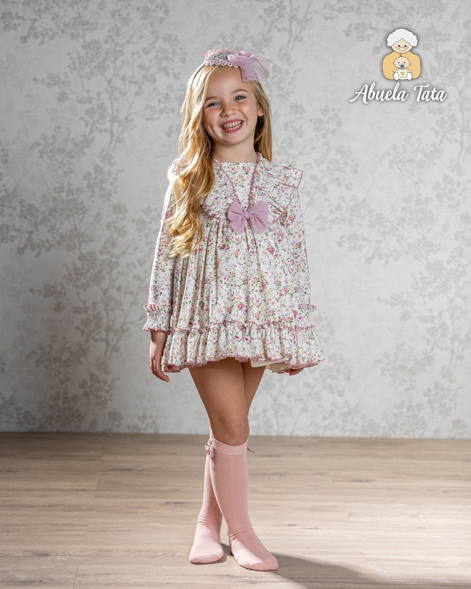 Abuela Tata AW25 - Girls English Rose Floral Print Dress & Headpiece