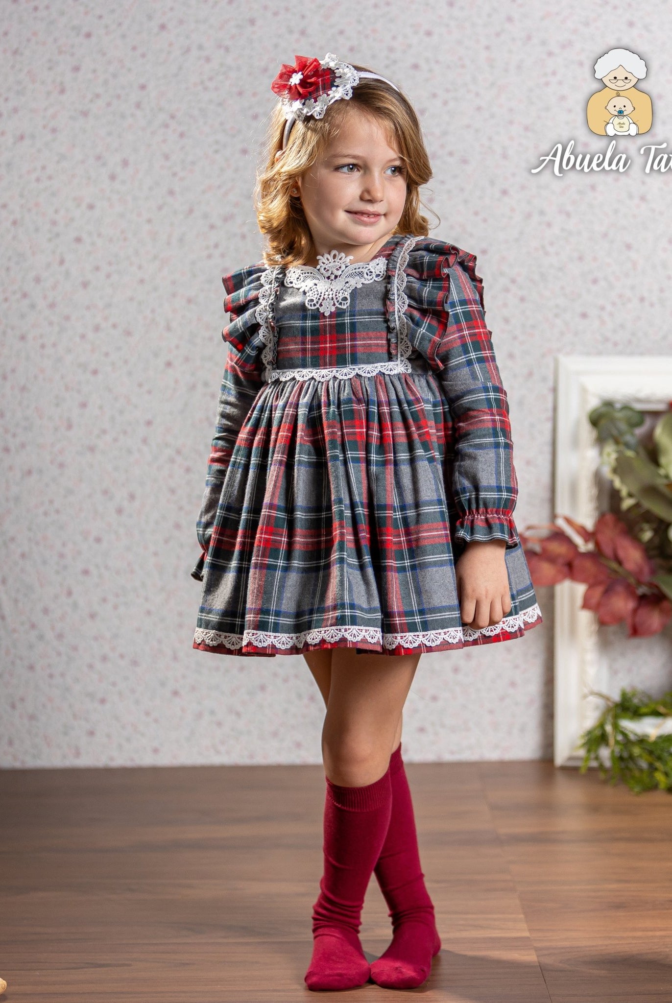 Abuela Tata AW25 - Girls Grey & Red Tartan Dress & Headpiece